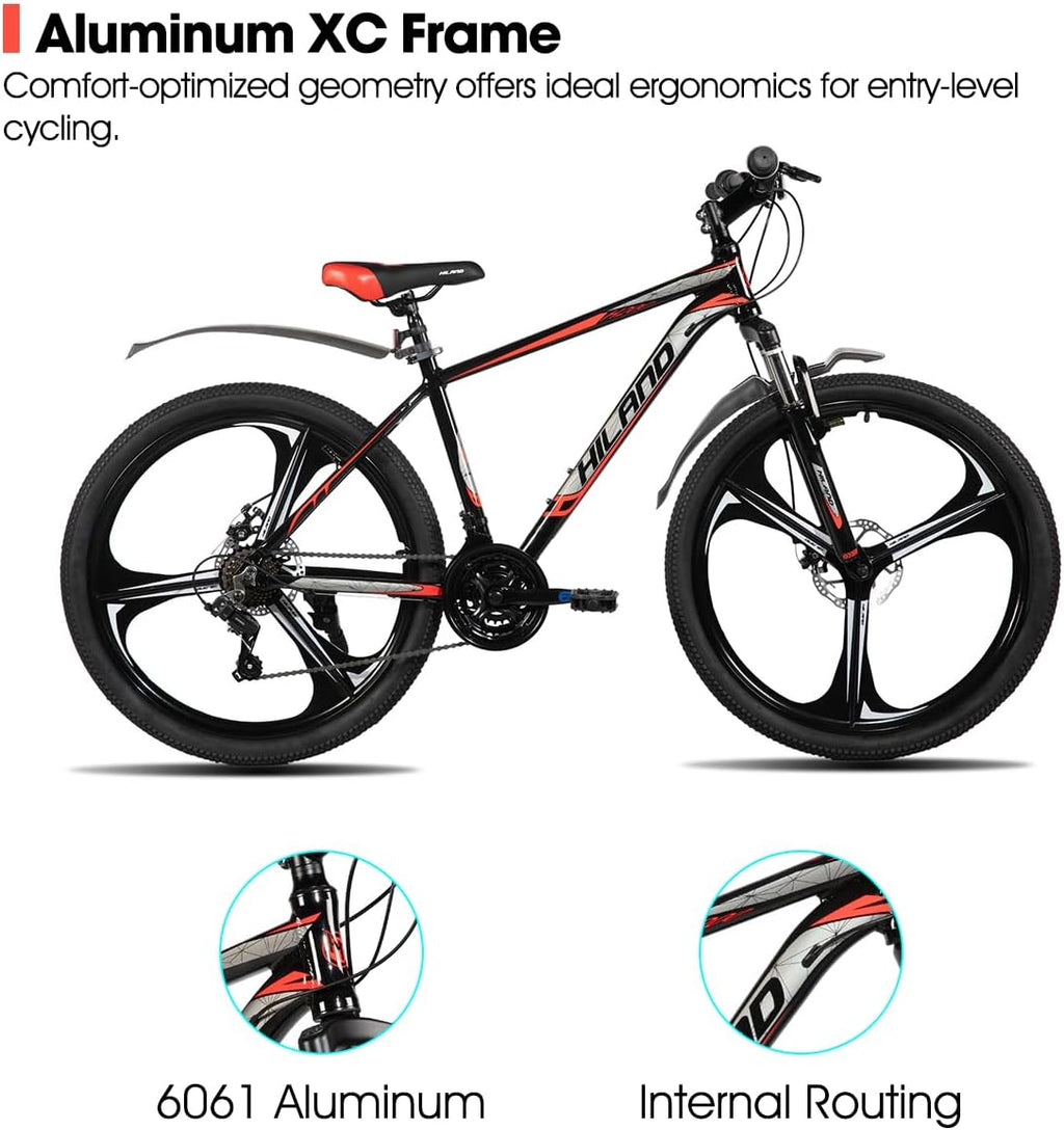HILAND 26' MTB Mountain Bike for Men Women Adults, 18-Speed, Disc Brake, Lightweight Aluminum Frame, 3/6 Spoke Wheel