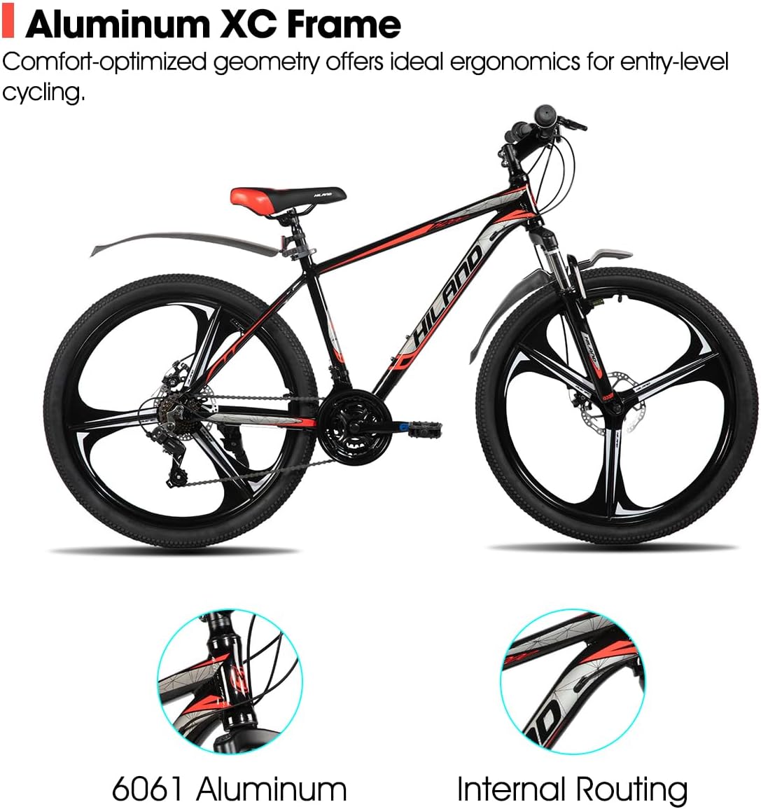 HILAND 26' MTB Mountain Bike for Men Women Adults, 18-Speed, Disc Brake, Lightweight Aluminum Frame, 3/6 Spoke Wheel