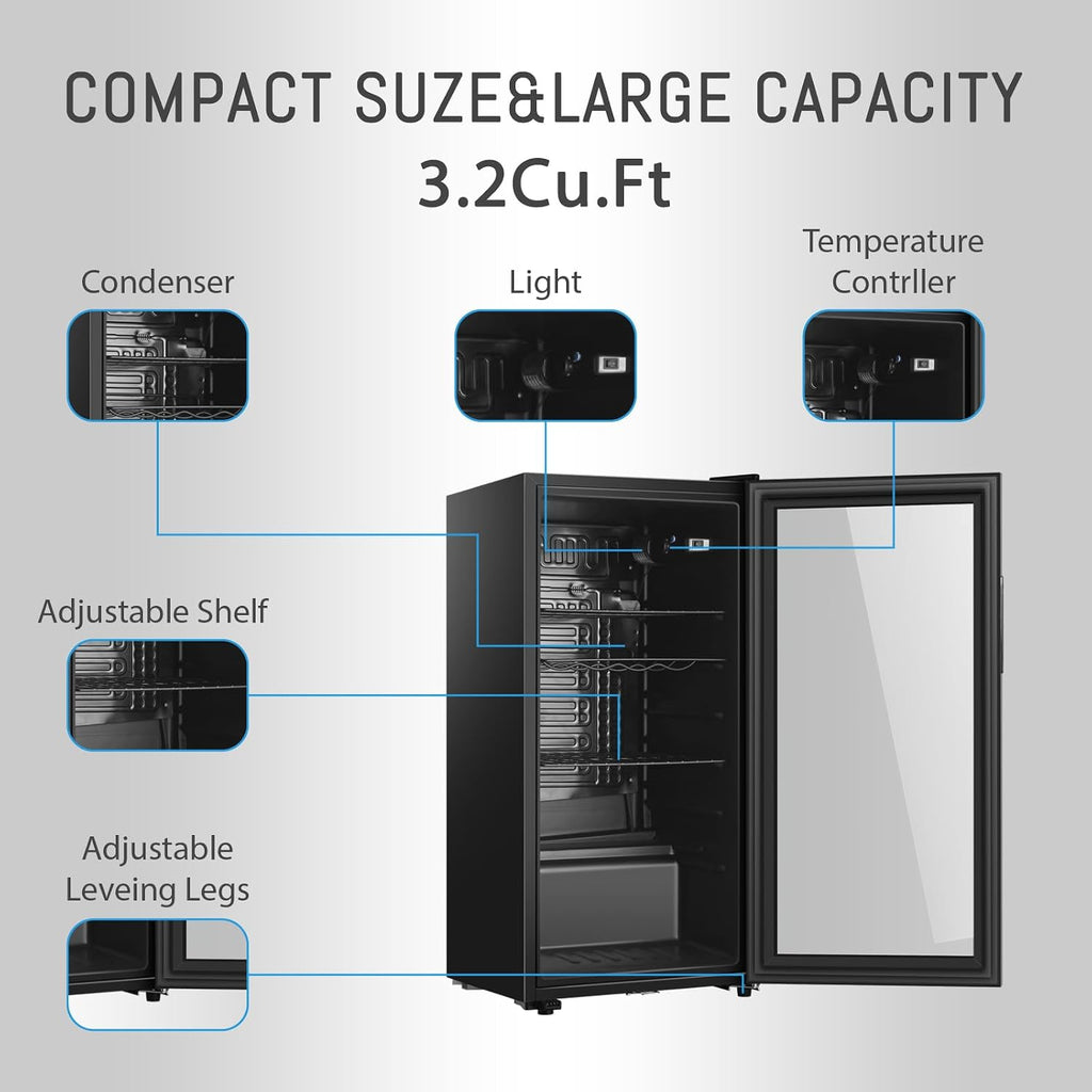 HAILANG Beverage Refrigerator, 3.2 Cu. Ft, Mini Fridge with Glass Door for Soda Beer, Freestanding Beverage Cooler for Office, Bar, Adjustable Shelving&Adjustable Foot