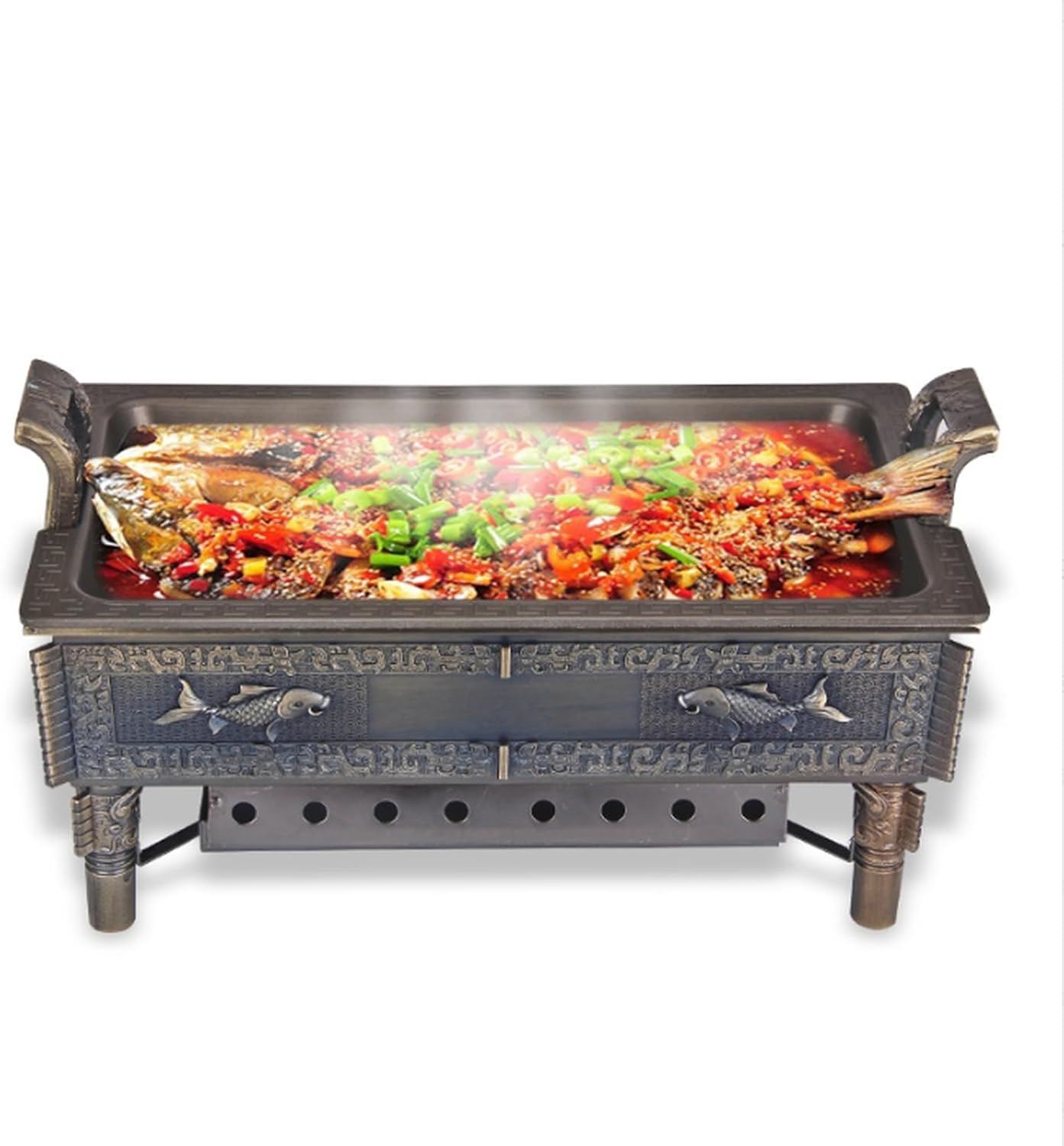 BBQ Gril,Antique Copper Fish Grill,Multifunctional Charcoal BBQ for Cooking Fish,Removeable Plates,Smokeless Indoor Grill,Portable Non-Stick Teppanyaki Griddle Grill Pan for Outdoor Camping