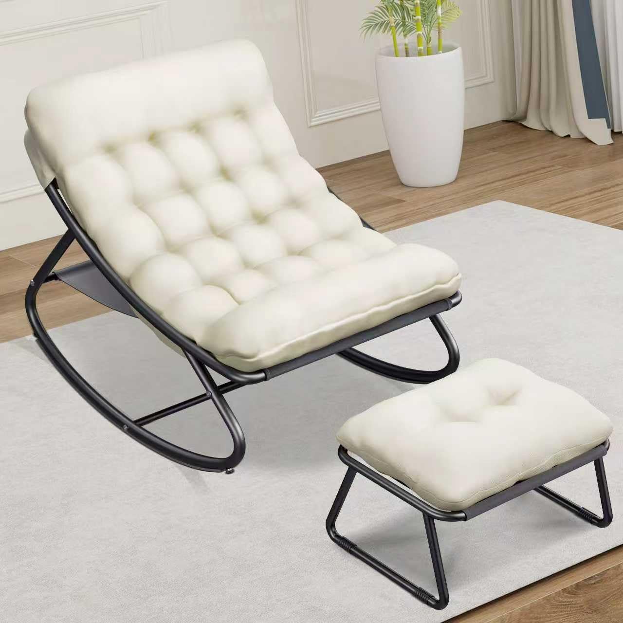 Outdoor and Indoor Rocking Chairs, Comfy Patio Chair, Rocking Chair with Ottoman and Sturdy Metal Frame, Balcony Chairs with Thickened Cushion, Silla Mecedora for Patio Porch Garden Living (White)