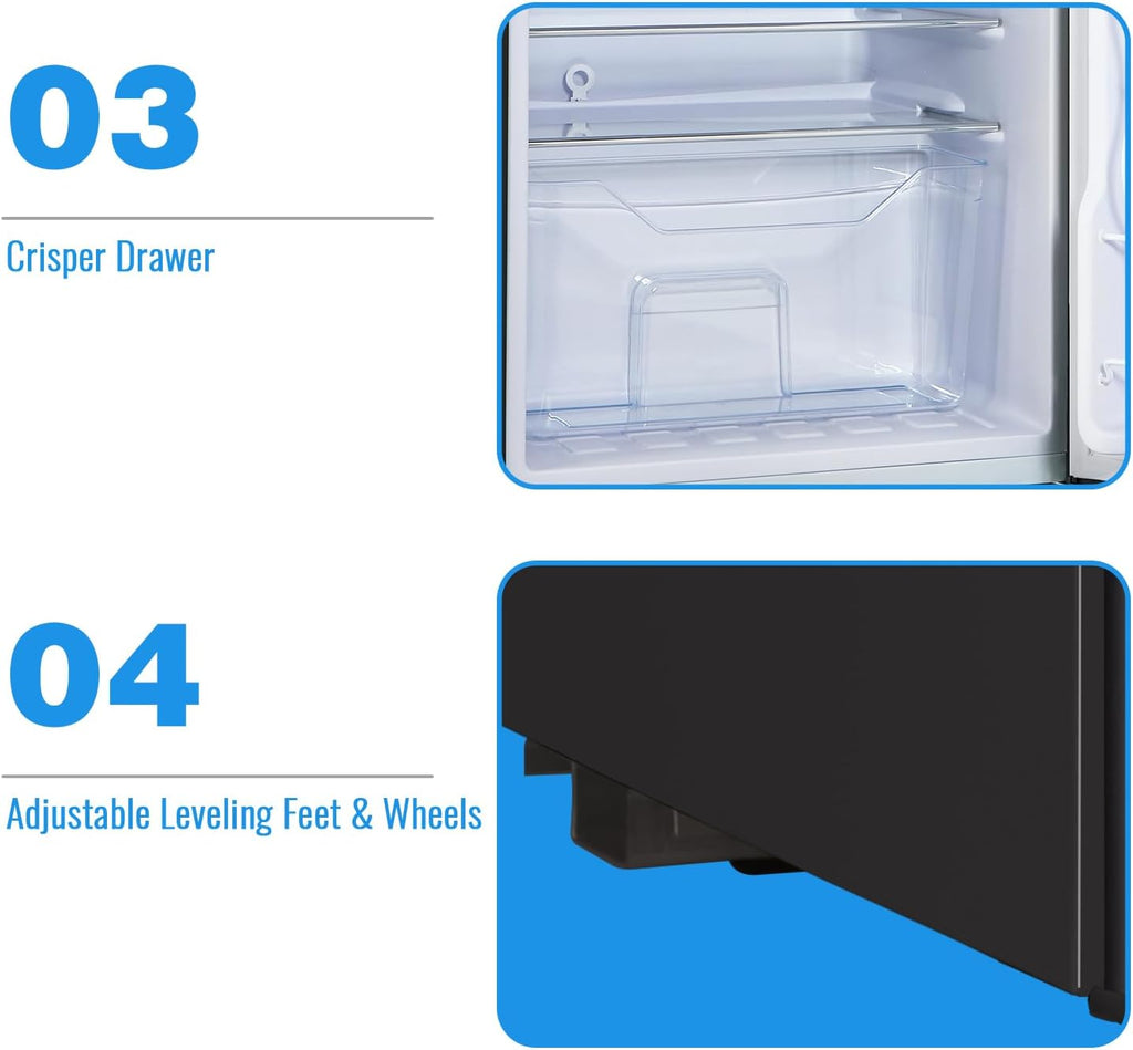 WANAI 3.5 Cu. Ft Mini Fridge with Freezer 2 Doors Small Refrigerator Freezer with Adjustable Thermostat, Shelves for Dorm, Office, Bedroom, Apartment Black