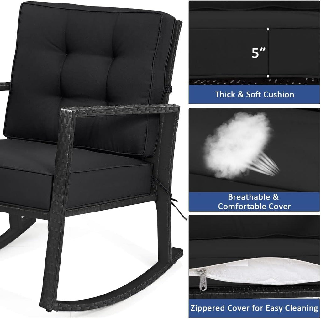 HAPPYGRILL Wicker Rocking Chair, Outdoor Patio Glider Chair with Heavy-Duty Frame, Thick Cushion, Rattan Rocking Chair for Backyard Garden Porch