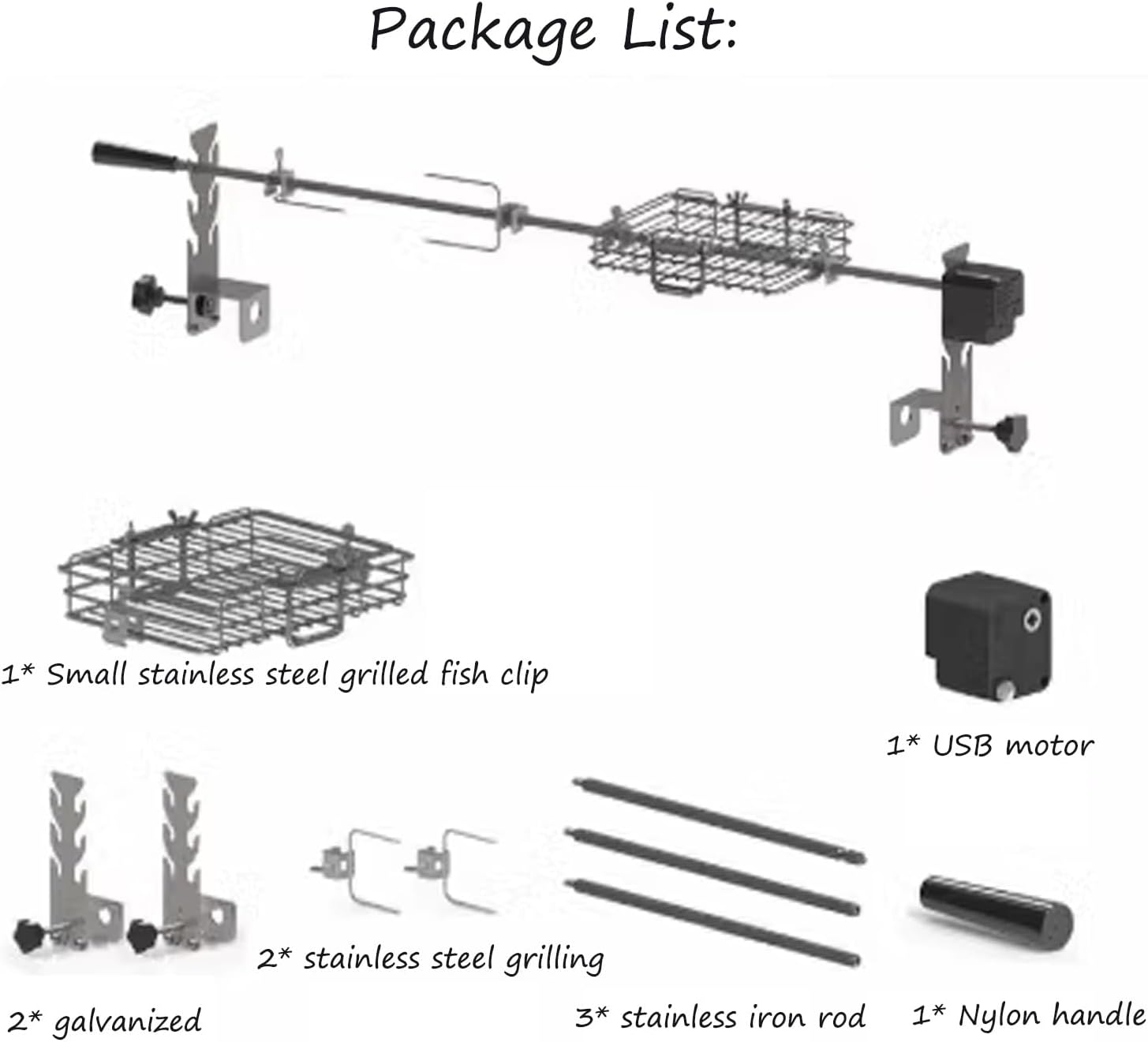 Grill Kit, Rotating Fish Grill, 3 Adjustable Heights, Suitable for Outdoor Grilling Camping