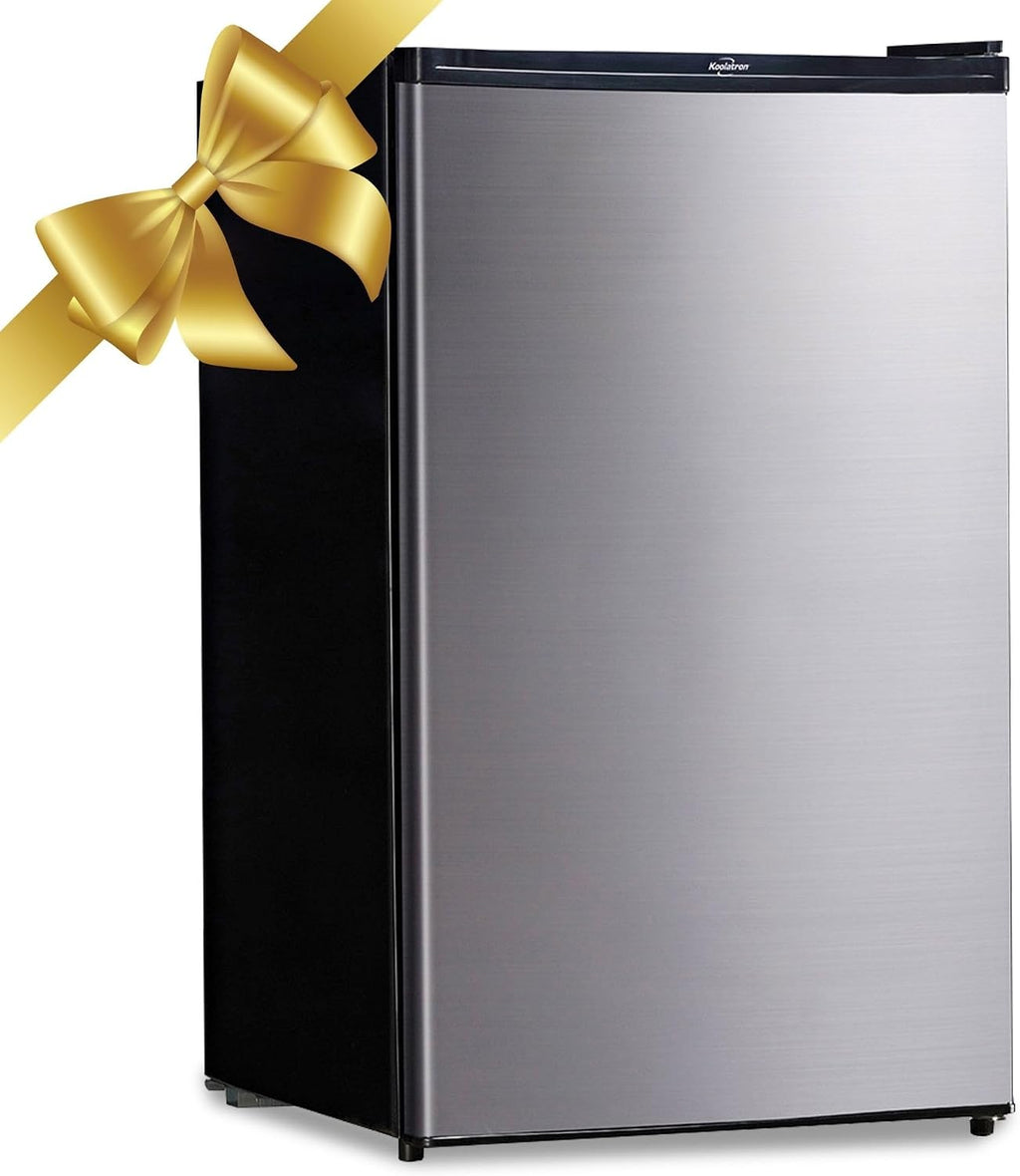 Koolatron Stainless Steel Compact Fridge with Freezer, 4.4 cu ft (124L), Silver and Black, Flat Back, Reversible Door, for Snacks, Frozen Meals, Beverages, Beer, Den, Dorm, Office, Rec Room, Home Bar