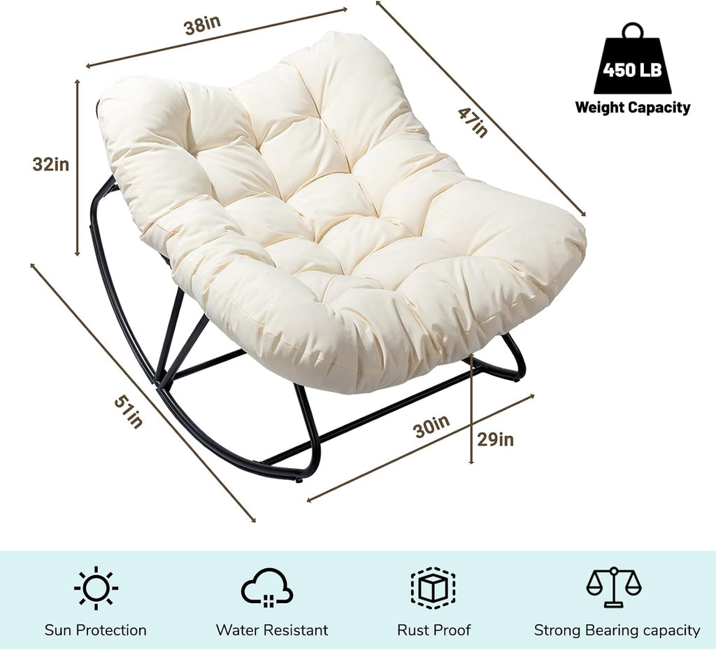 JOYBASE Outdoor Indoor Papasan Rocking Chair, Oversized Papasan Rocker with Cushion, Patio Wicker Comfy Egg Chair for Backyard Bedroom Living Room Lounge Reading (Beige)