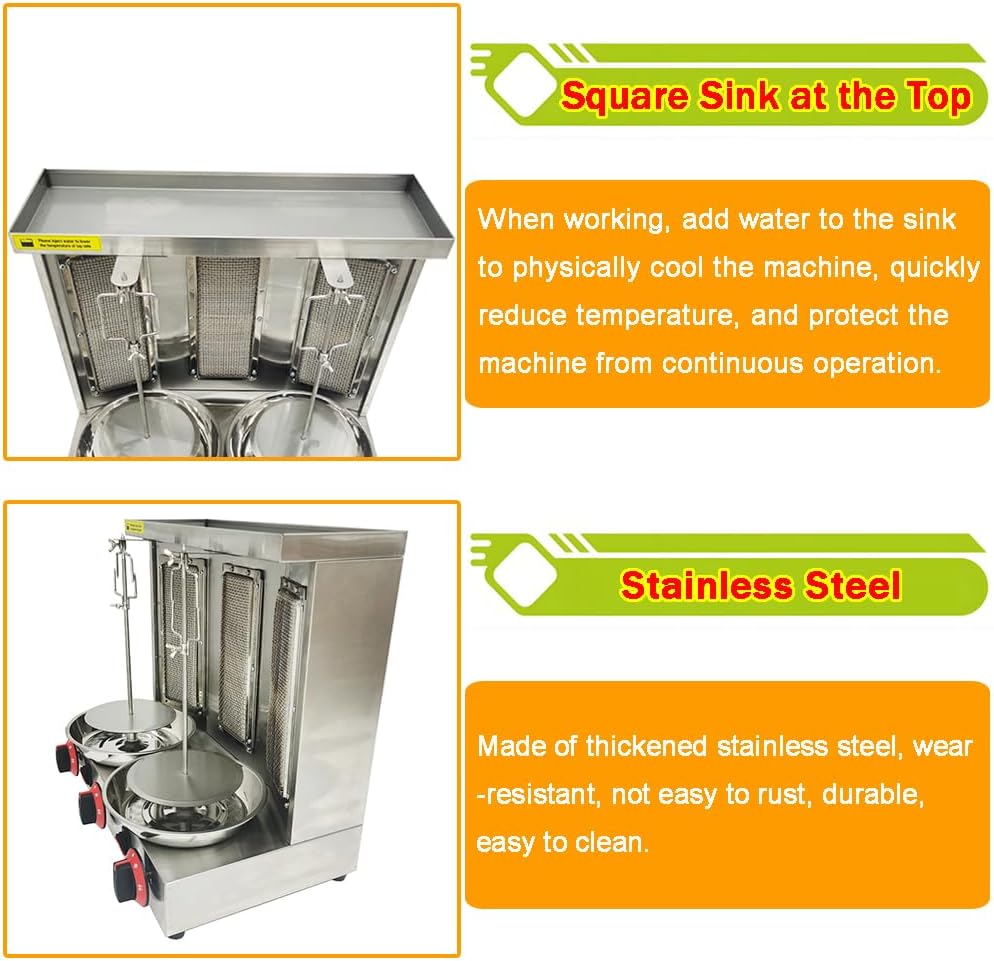 Shawarma Grill Machine LP Gas Turkish Barbecue Shawarma Rotisserie Countertop Rotating Doner Kebab Gyro Grill Oven Vertical Broiler with 3 Burners for Home Kitchen Restaurant Party