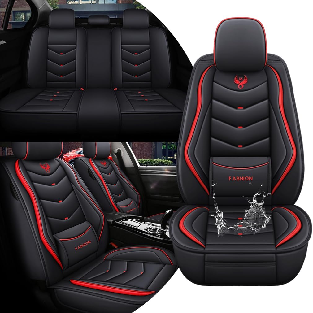 Car Seat Covers Full Set for Hyundai Accent 2018-2022 Leather Seat Covers, Waterproof Non-Slip Breathable Wear Seat Cover, Car Seat Protector Adapted Airbags（Standard, Black+Red）