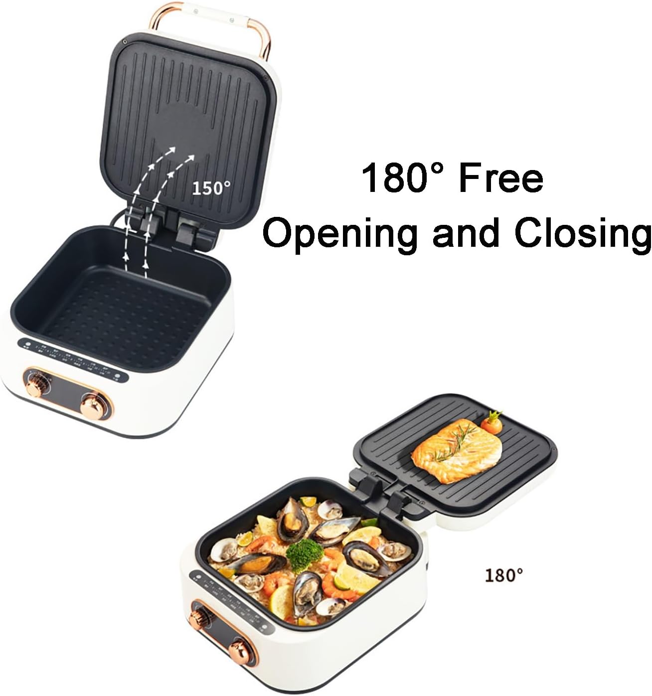 Electric Baking Pan, Double-Sided Electric Frying Pans, Hot Pot with Grill, Electric Skillets Nonstick with Lids, for Korean BBQ Steaks(Beige)