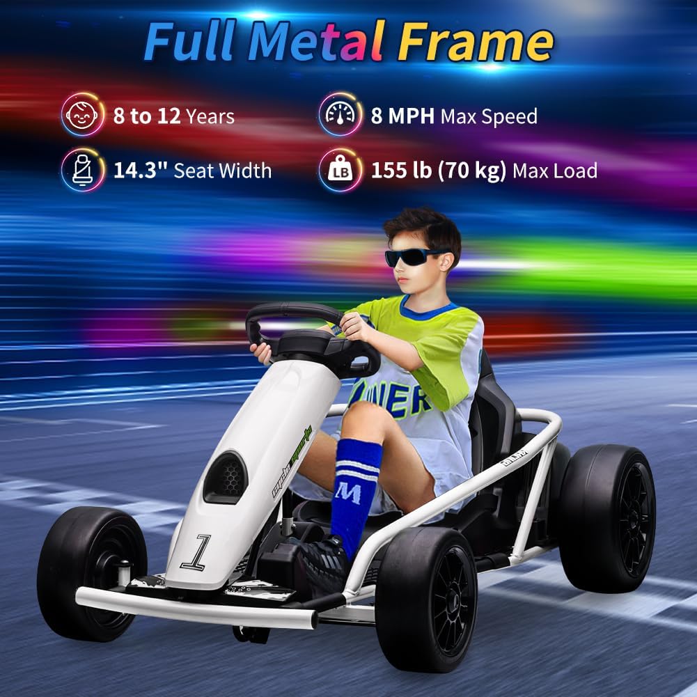 Go Kart, Big Kids Electric Karts, 24v 2 x 300w 8MPH Support for Smooth Slew Drift with Slow Start and Seat Belt for Double Protection, with Musical Horns, Maximum Load 180Lbs, for Kids 8-11 Year