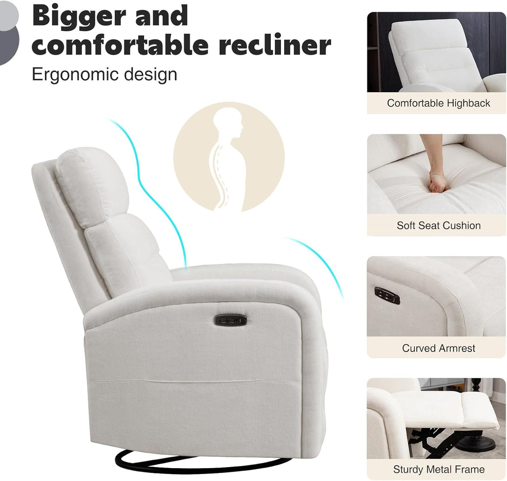 Power Swivel Rocker Recliner Chair for Nursery, Electric Rocking Reclining Chair, Upholstered Glider Nursery Recliner for Living Room, Bedroom, Chenille White