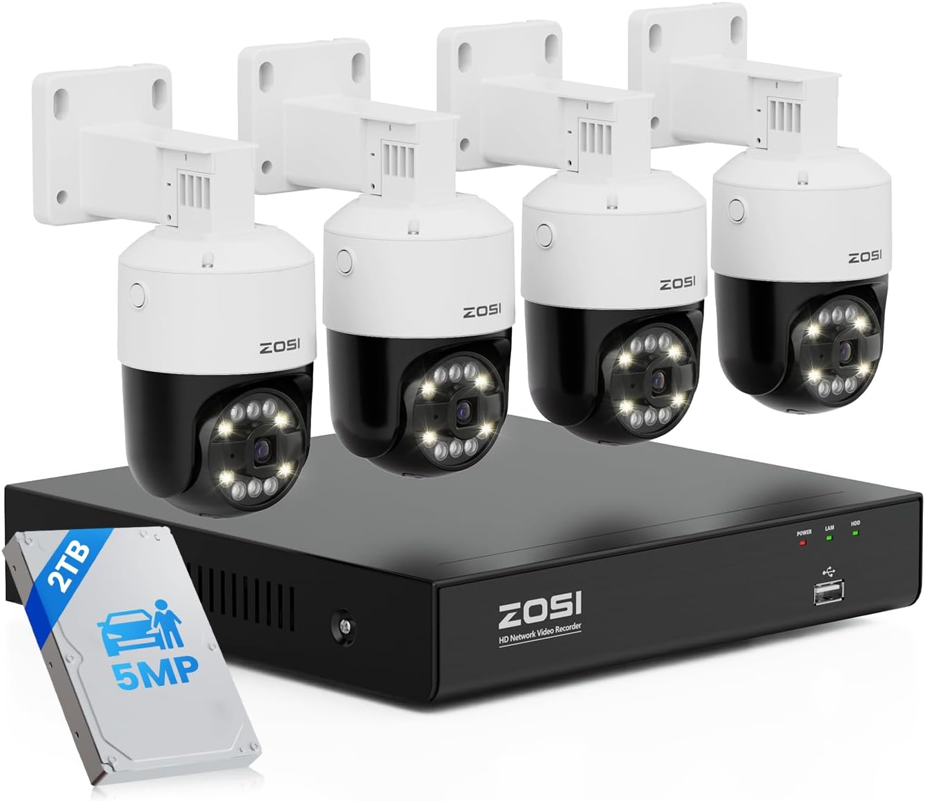 ZOSI 4K PoE Home Security Camera System with AI Face Person Vehicle Detect, 4 x 5MP 3K Pan/Tilt PoE IP Camera Outdoor, Auto Track, 5X Digital Zoom, 2-Way Audio, 8CH 8MP NVR(16CH Expandable), 2TB HDD