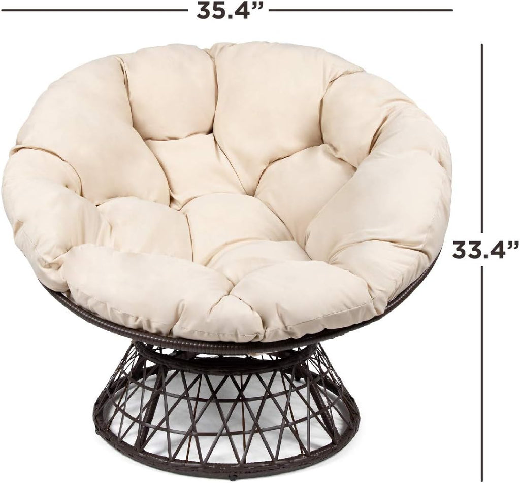 Milliard Wicker Papasan Chair with 360-degree Swivel, Beige Cushion and Brown Frame. Indoor and Outdoor Use