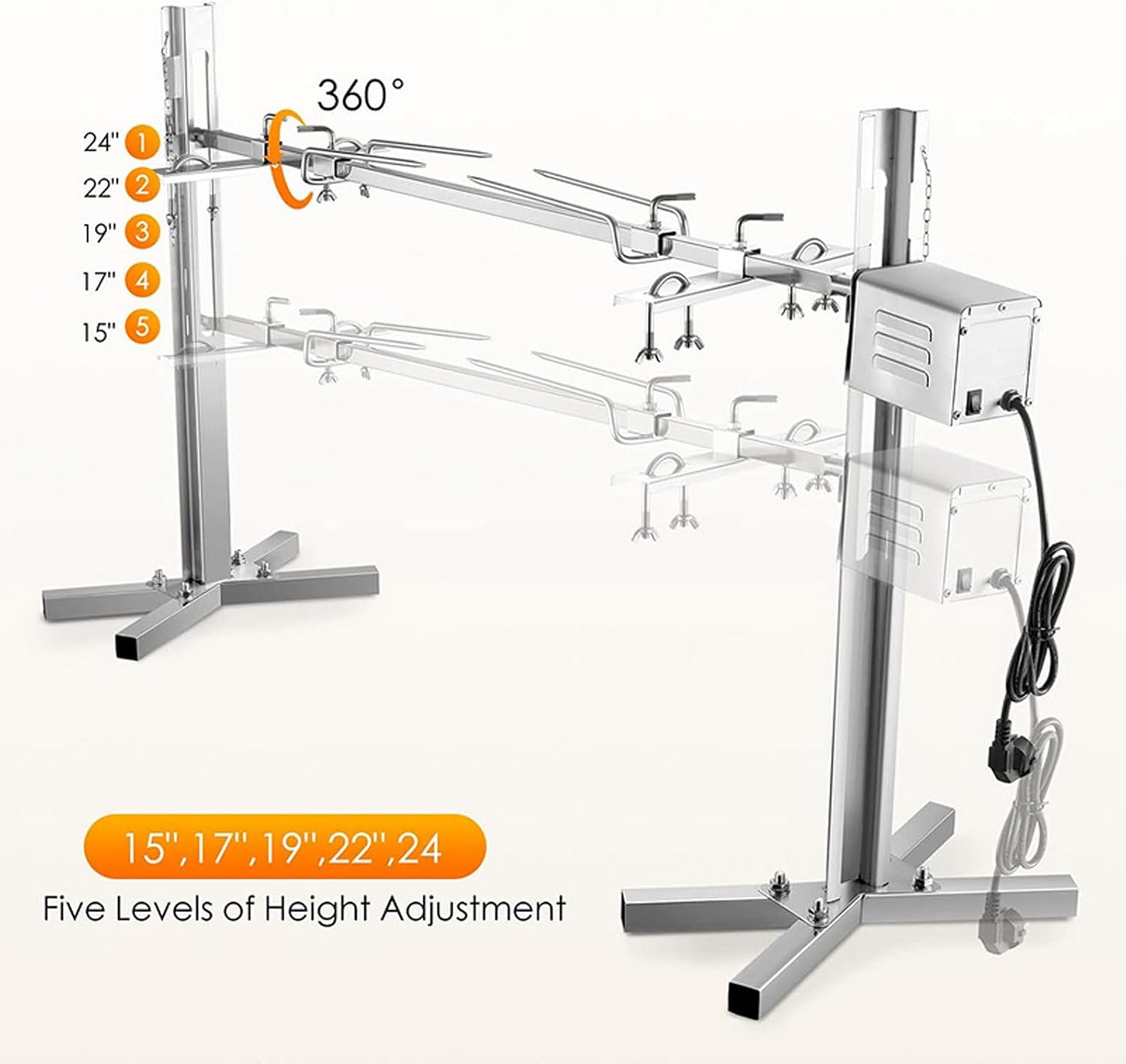 Tripod Rotisserie Stand, 15W BBQ Rotisserie Kit with Electric Motor, 360° Automatic Rotation, 5 Levels Height Adjustable and Load-Bearing 30KG, Even Grilling, for Outdoor Picnics, Camping