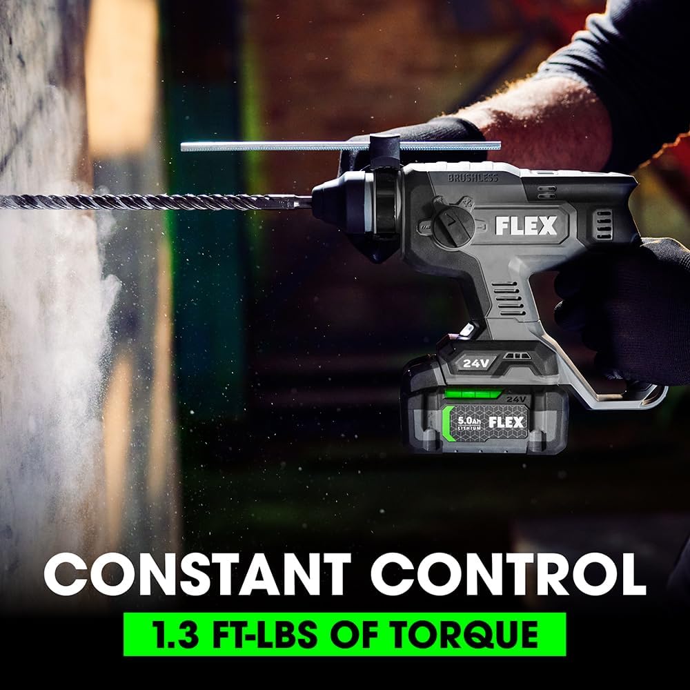 FLEX 24V Brushless Cordless 7/8-Inch SDS Plus 1.3 Ft-Lbs Torque Rotary Hammer Kit with 5.0Ah Lithium Battery and 160W Fast Charger - FX1531-1C, Grey/Black
