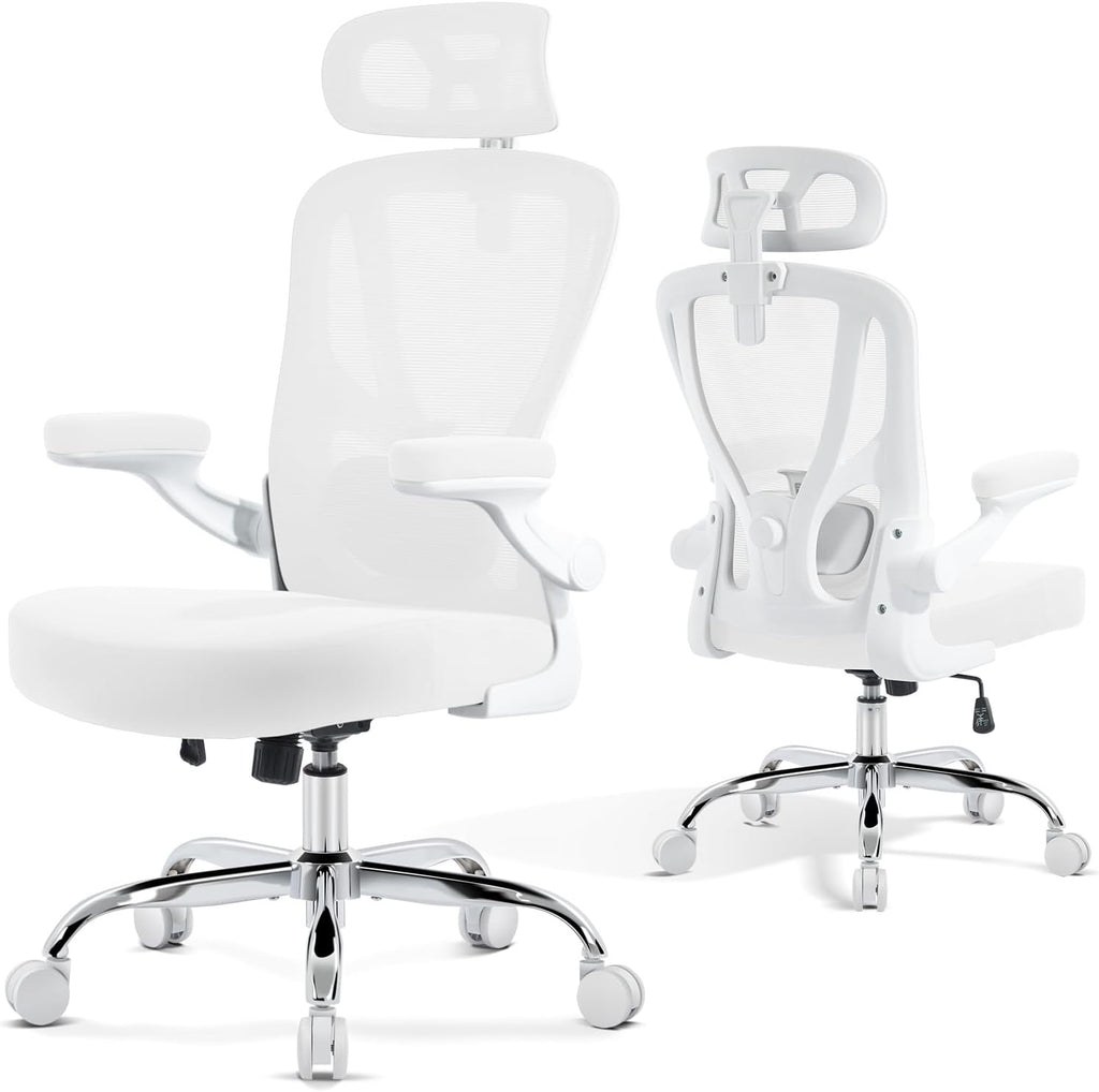 Office Chair Ergonomic Office Chair with Lumbar Support, Head Support, Rocking Function, FLIP-up Armrests, Mesh High Back Chair Home Office Desk Chair, Suitable for Home, Office, White