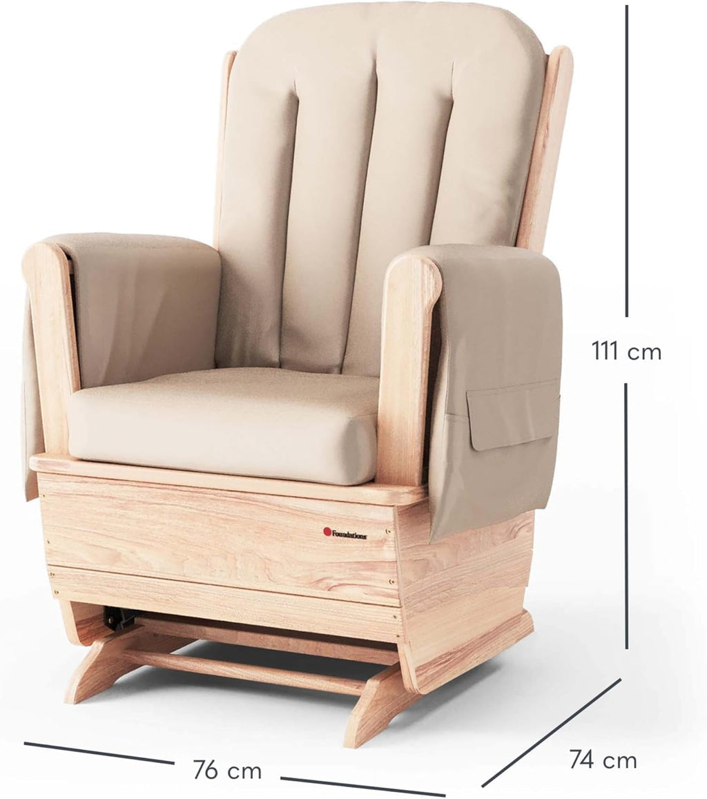 Foundations SafeRocker Standard Glider Rocker - Baby Feeding and Rocking Chair for Nursery, Daycare Environment - Nursery Rocking Chairs with Wood Skirt Base - Tan Vinyl