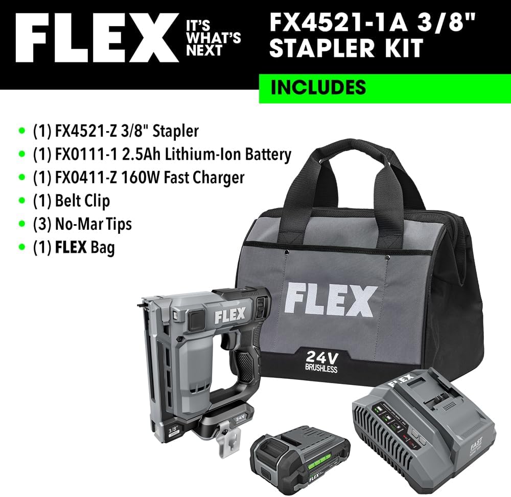 FLEX 24V Brushless Cordless 3/8-inch Crown Stapler Kit with 2.5Ah Lithium Battery and 160W Fast Charger - FX4521-1A
