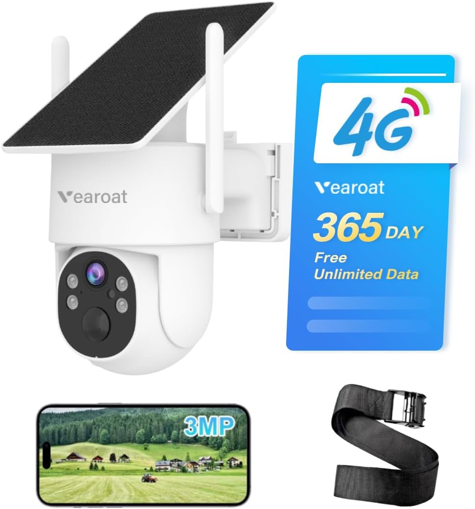 4G LTE Cellular Security Camera Outdoor System, 365 Days Unlimited Data,Wireless Solar Security Camera，Remote Monitoring, Motion Sensor, Human Tracking, 360°Viewing,2K Color Night Vision