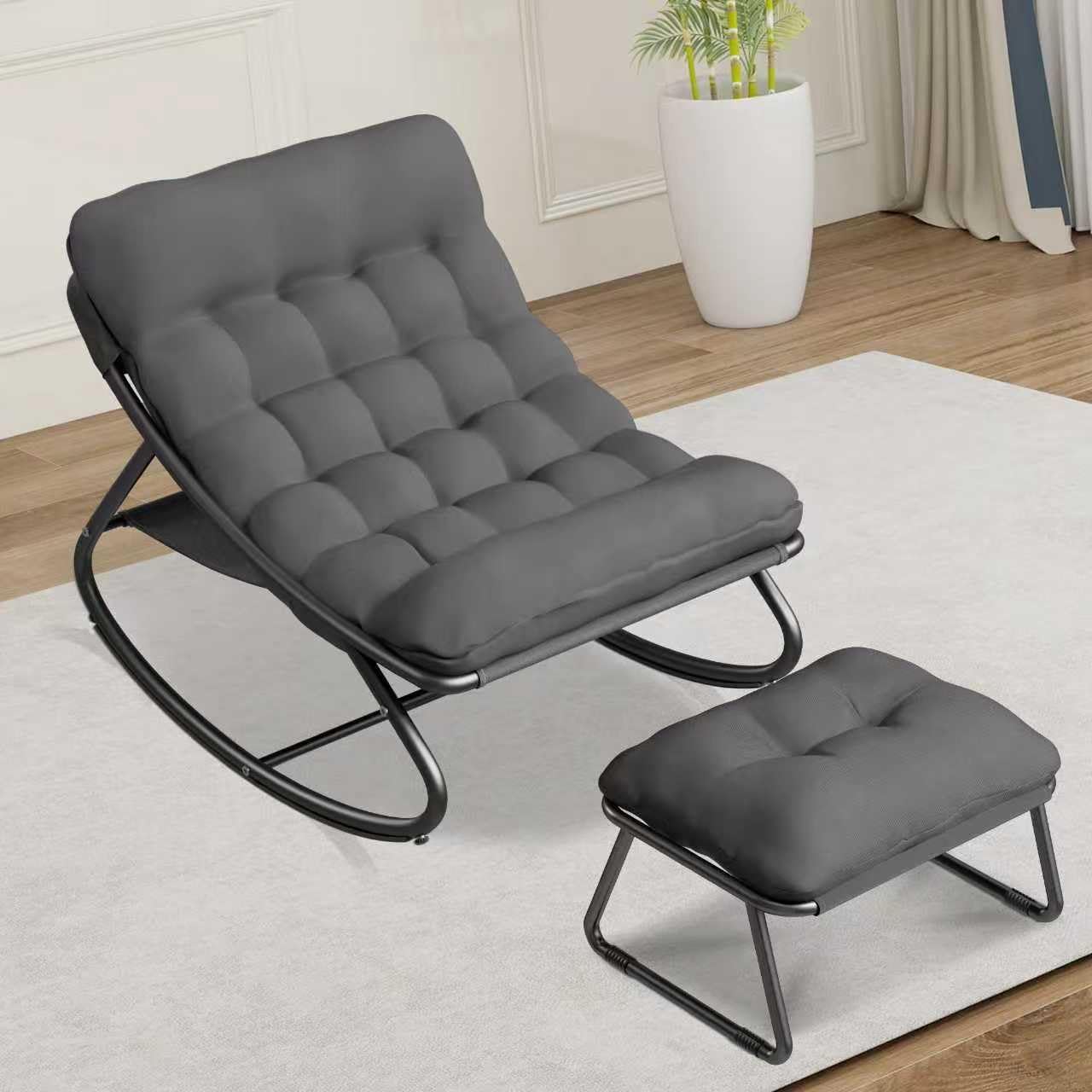 Outdoor and Indoor Rocking Chairs, Comfy Patio Chair, Rocking Chair with Ottoman and Sturdy Metal Frame, Balcony Chairs with Thickened Cushion, Silla Mecedora for Patio Porch Garden Living (Grey)