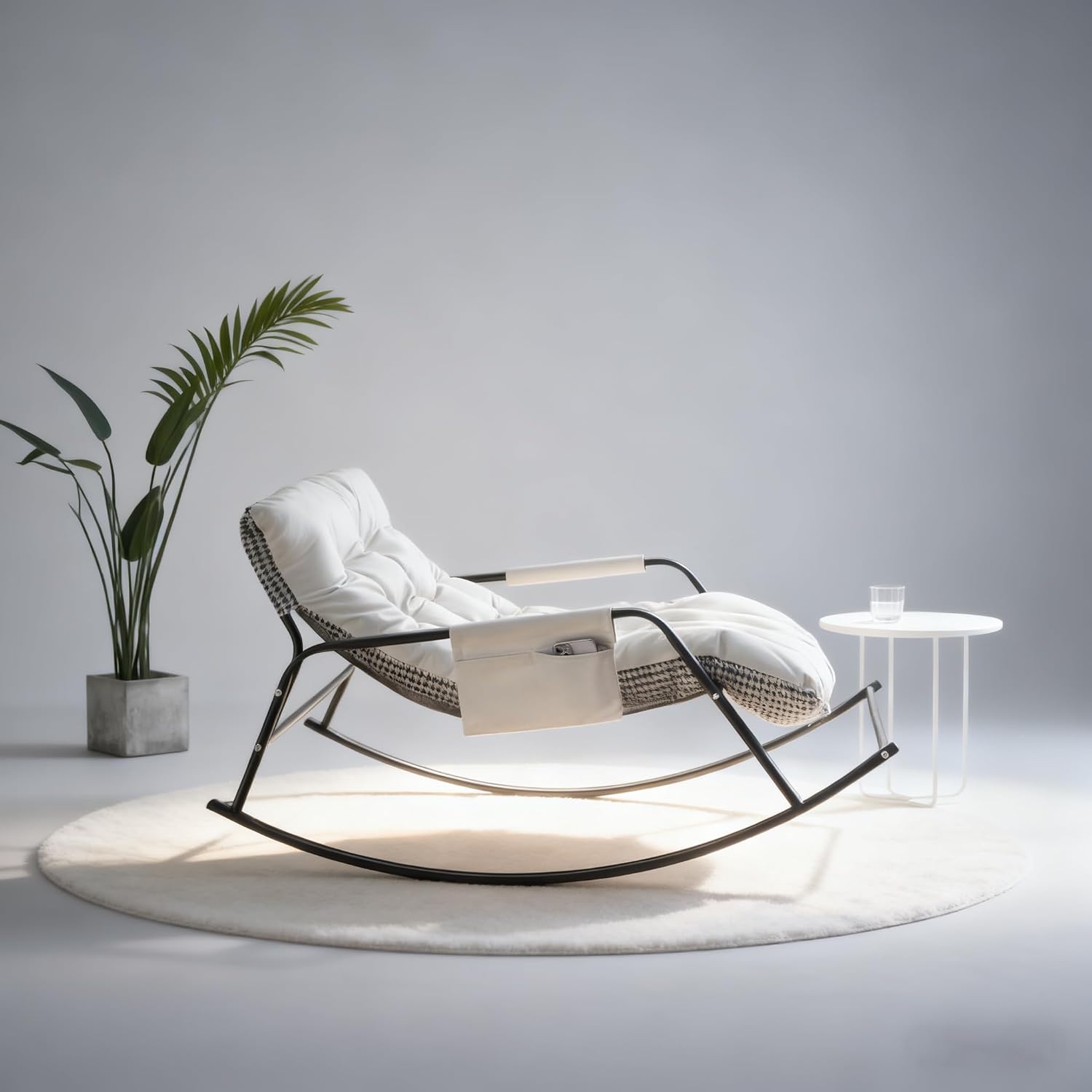 Extra Wide Boucle Rocking Chair with Technical Leather Oversized Gliding Recliner for Indoor Outdoor Living Room Nursery Bedroom (XL-White)