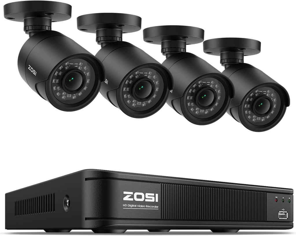 ZOSI H.265+ 3K 5MP Lite AI Home Security Camera System with Human Vehicle Detection, 8 CH CCTV DVR and 4 x 1080p Bullet Camera Outdoor Indoor, 80ft Night Vision, Remote Access, Motion Alerts (No HDD)