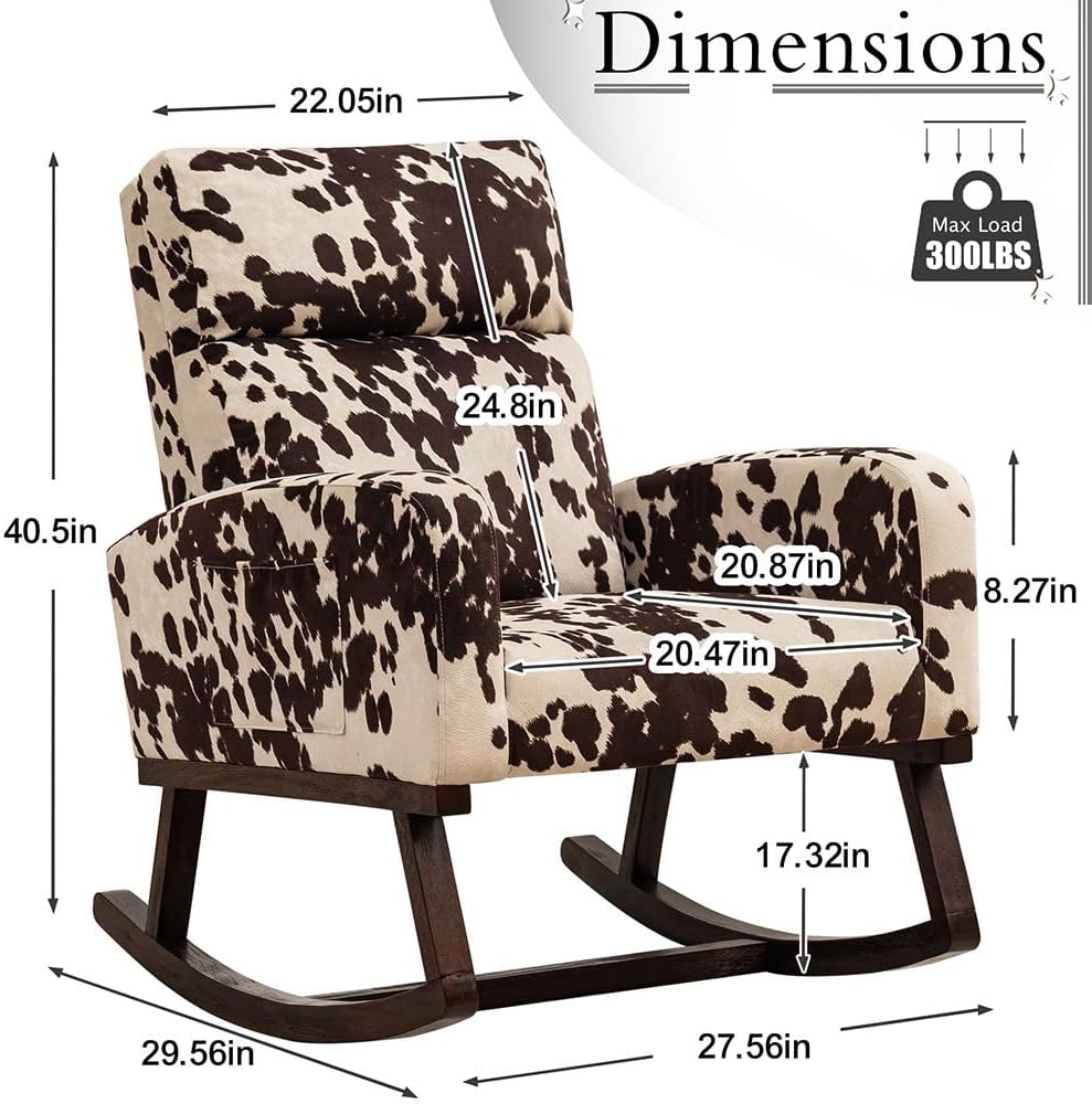 HCHAIRH Rocking Chair Nursery, Nursing Rocker Armchair with High Backrest, Comfy Rocking Chair for Nursery, Living Room,Bedroom, Cow Printed