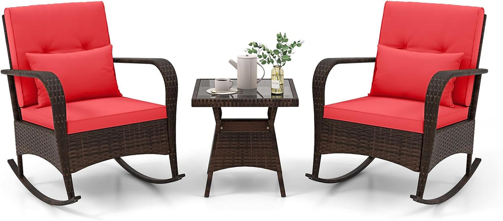 Tangkula 3 Pieces Rocking Bistro Set, Patiojoy Outdoor PE Rattan Rocker Chairs with Removable Cushions & Tempered Glass Top Coffee Table, Outdoor Wicker Furniture Set for Porch, Garden (Red)