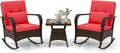 Tangkula 3 Pieces Rocking Bistro Set, Patiojoy Outdoor PE Rattan Rocker Chairs with Removable Cushions & Tempered Glass Top Coffee Table, Outdoor Wicker Furniture Set for Porch, Garden (Red)