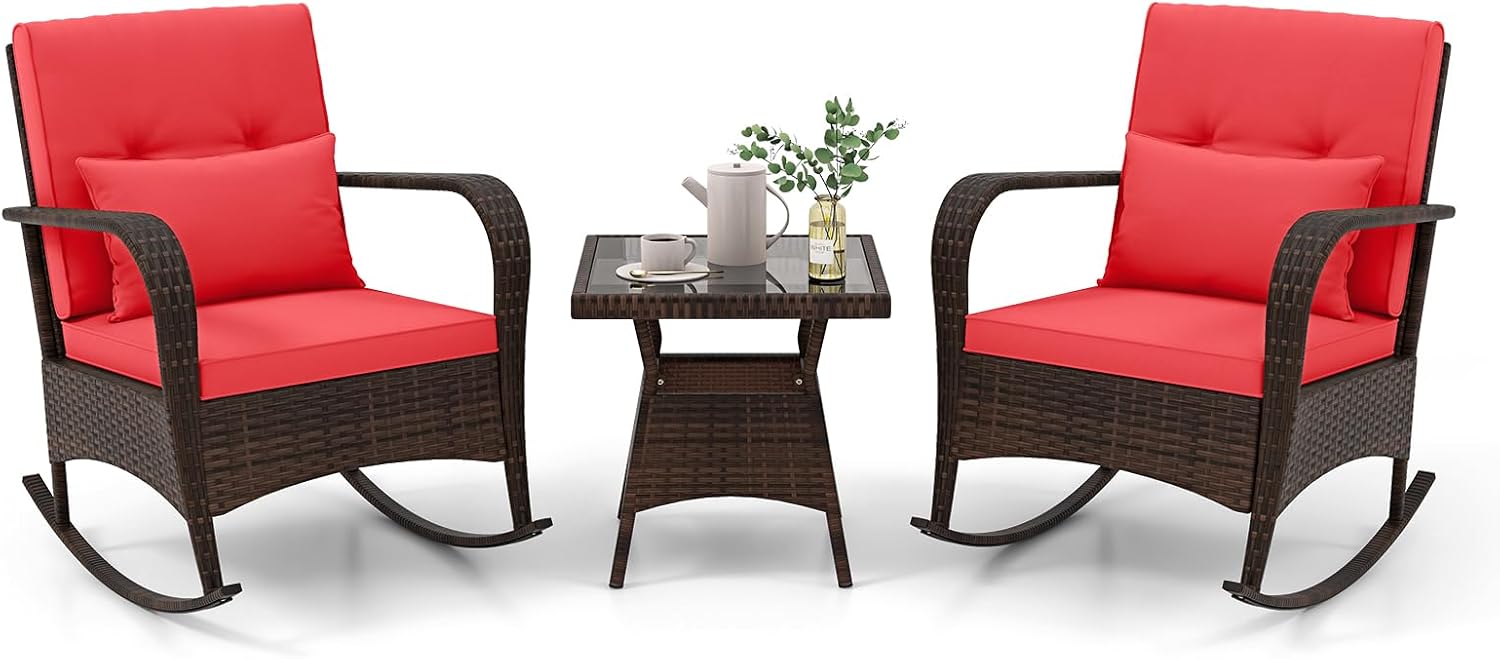 Tangkula 3 Pieces Rocking Bistro Set, Patiojoy Outdoor PE Rattan Rocker Chairs with Removable Cushions & Tempered Glass Top Coffee Table, Outdoor Wicker Furniture Set for Porch, Garden (Red)