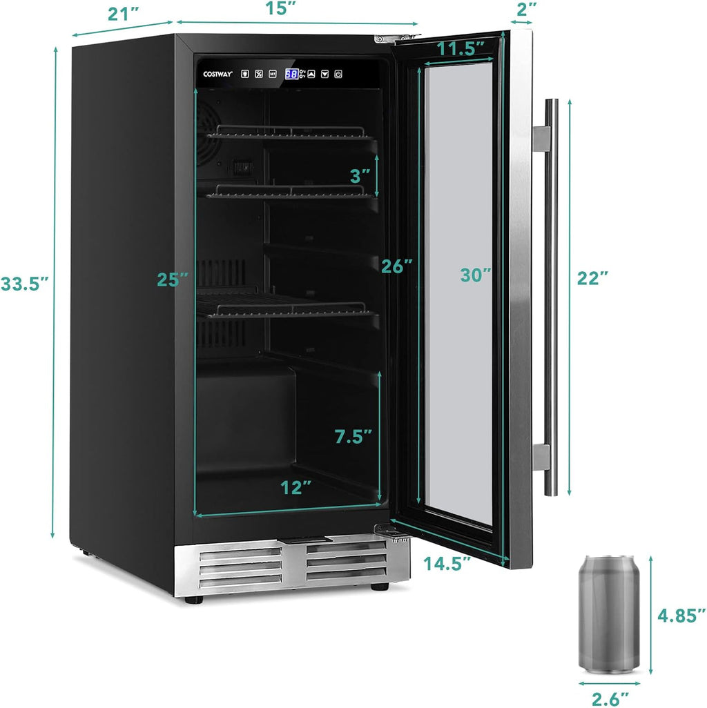 COSTWAY 15 Inch Beverage Cooler Refrigerator - 3.5 Cu.ft Mini Fridge with Glass Door, Lock and Removable Shelves for Soda Beer Wine, Freestanding Small Drink Refrigerator for Home Office Bar