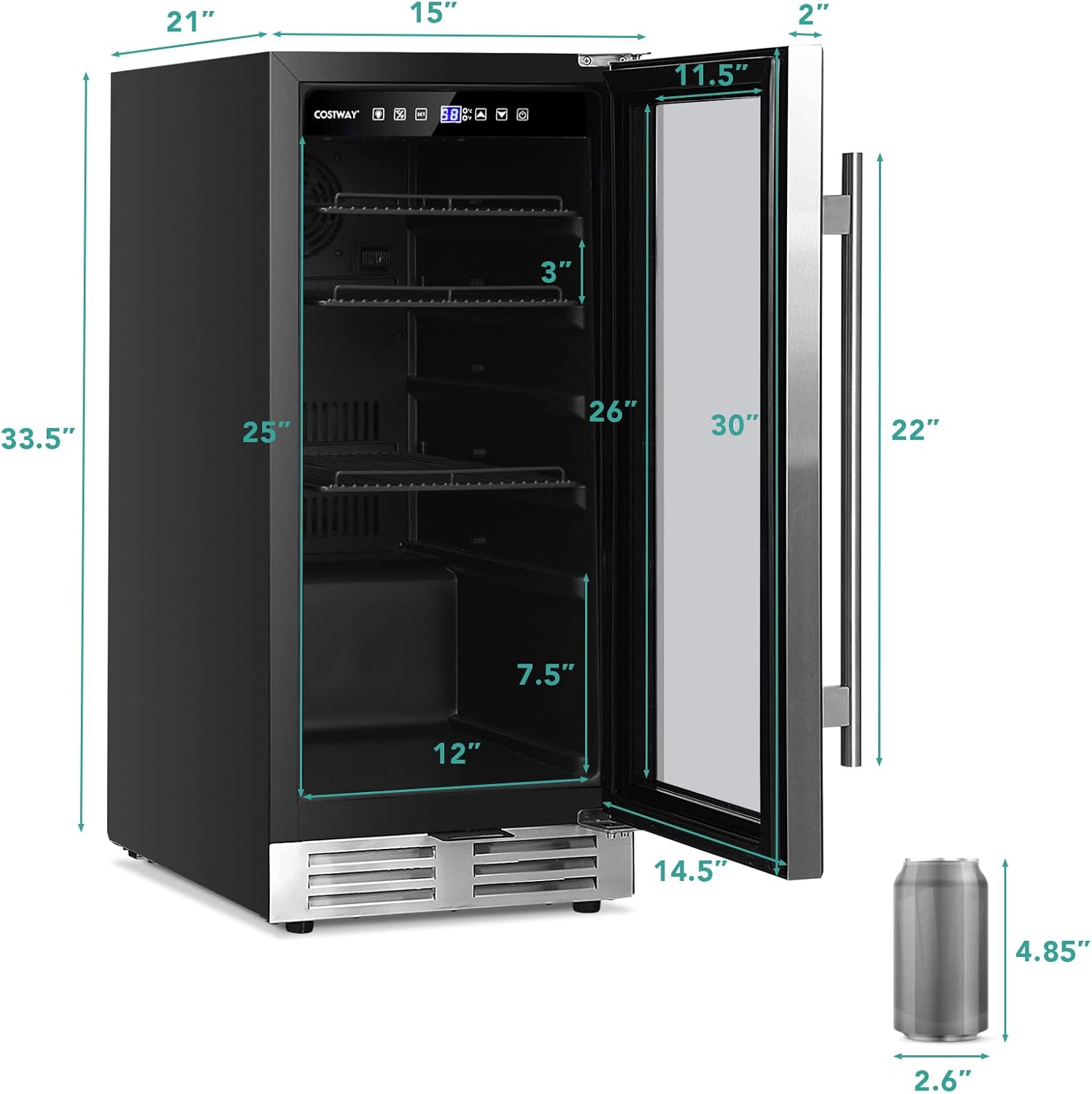 COSTWAY 15 Inch Beverage Cooler Refrigerator - 3.5 Cu.ft Mini Fridge with Glass Door, Lock and Removable Shelves for Soda Beer Wine, Freestanding Small Drink Refrigerator for Home Office Bar