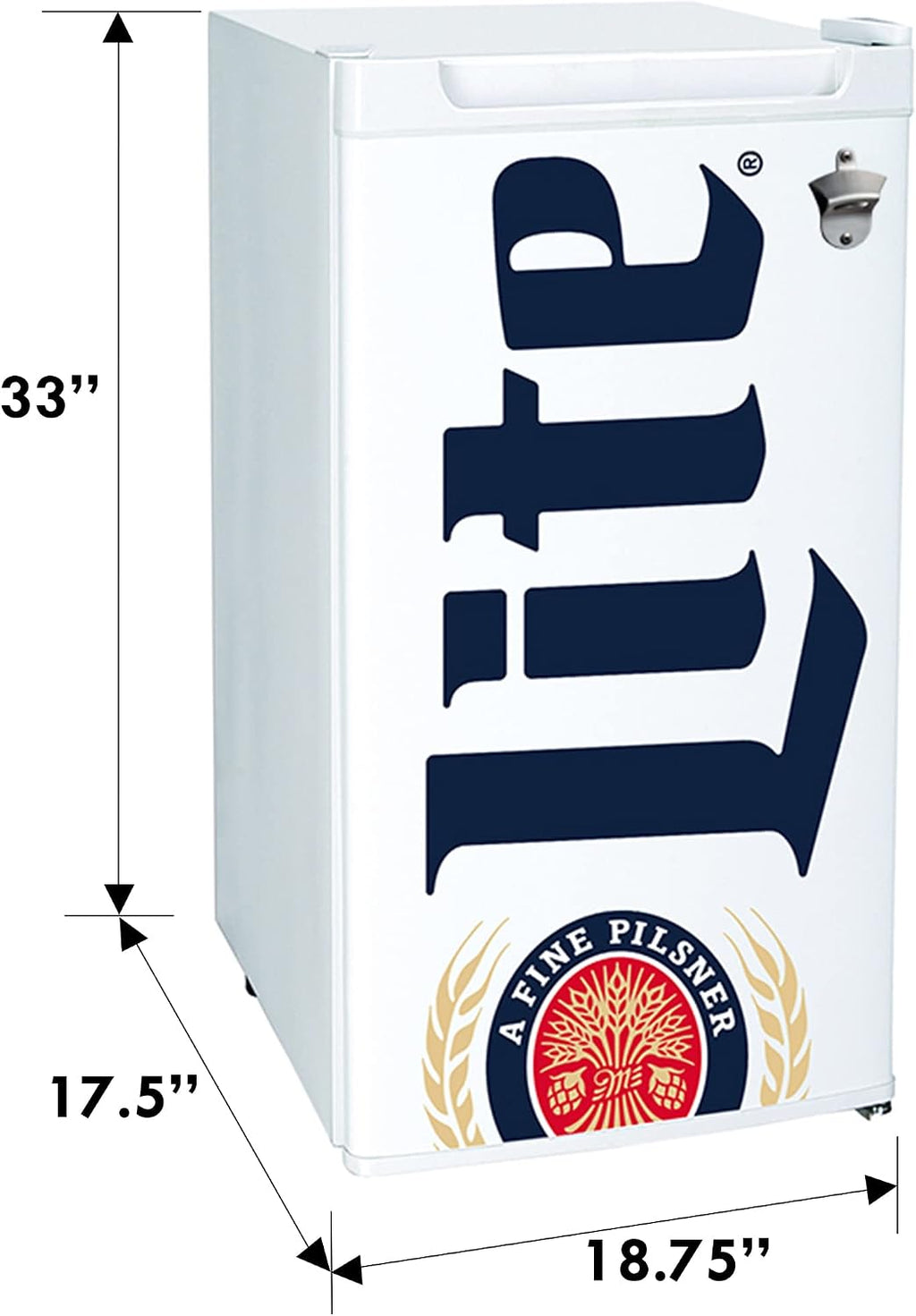 Miller Lite Koolatron Compact Fridge, Bottle Opener, 90 L/ 95 Quart 3.2 Cubic Foot for Snacks, Frozen Meals, Beverages, Juice, Beer, Den, Dorm, Office, Games Room, or RV