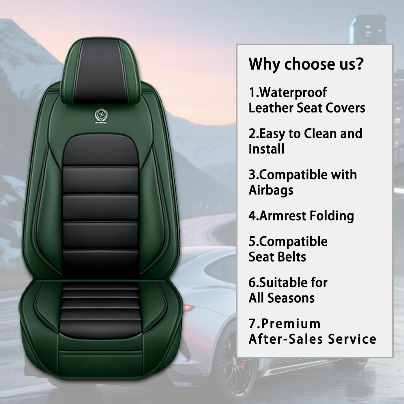 Car Seat Covers for CRV,for Honda CRV 2007-2024 2025,Waterproof Leather Seat Covers,Compatible Airbag,Front Set Comfort Car Seat Protectors for Most Cars(Pillows,Black&Green)