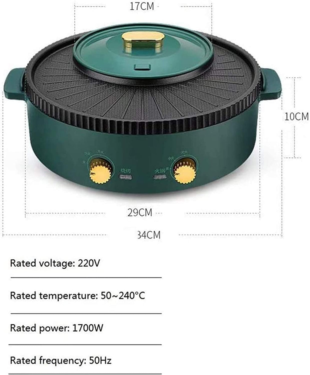 Barbecue Hotpot Indoor Electric Grills Household Barbecue Hot Pot Two-in-One Double Pot 1700W Barbecue Hot Pot (Color : Green 2, Size : 34 * 10CM)