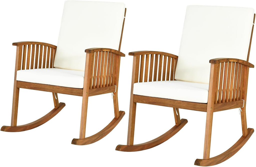 2PCS Rocking Chair Outdoor, Acacia Wooden Rocker Chair with Seat and Back Cushion, Armrests, Comfortable Porch Rocking Chair with 355Lbs Support for Lawn, Patio, Backyard, Garden, Deck, Indoor