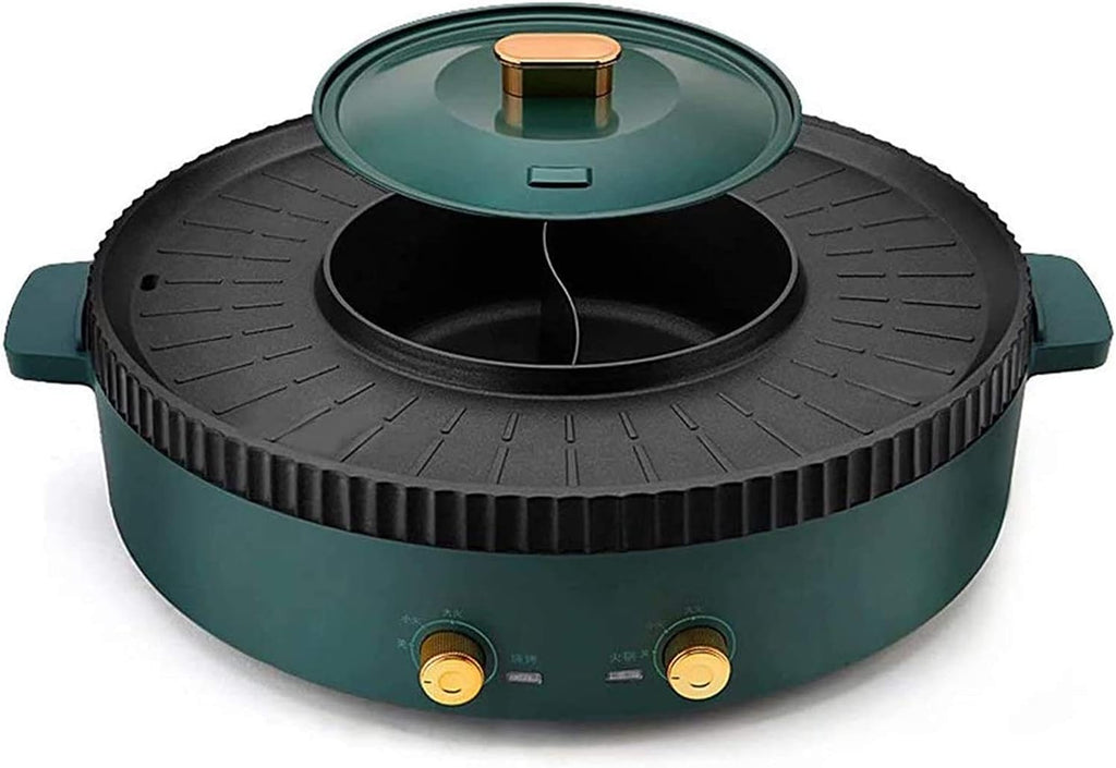 Barbecue Hotpot Indoor Electric Grills Household Barbecue Hot Pot Two-in-One Double Pot 1700W Barbecue Hot Pot (Color : Green 2, Size : 34 * 10CM)