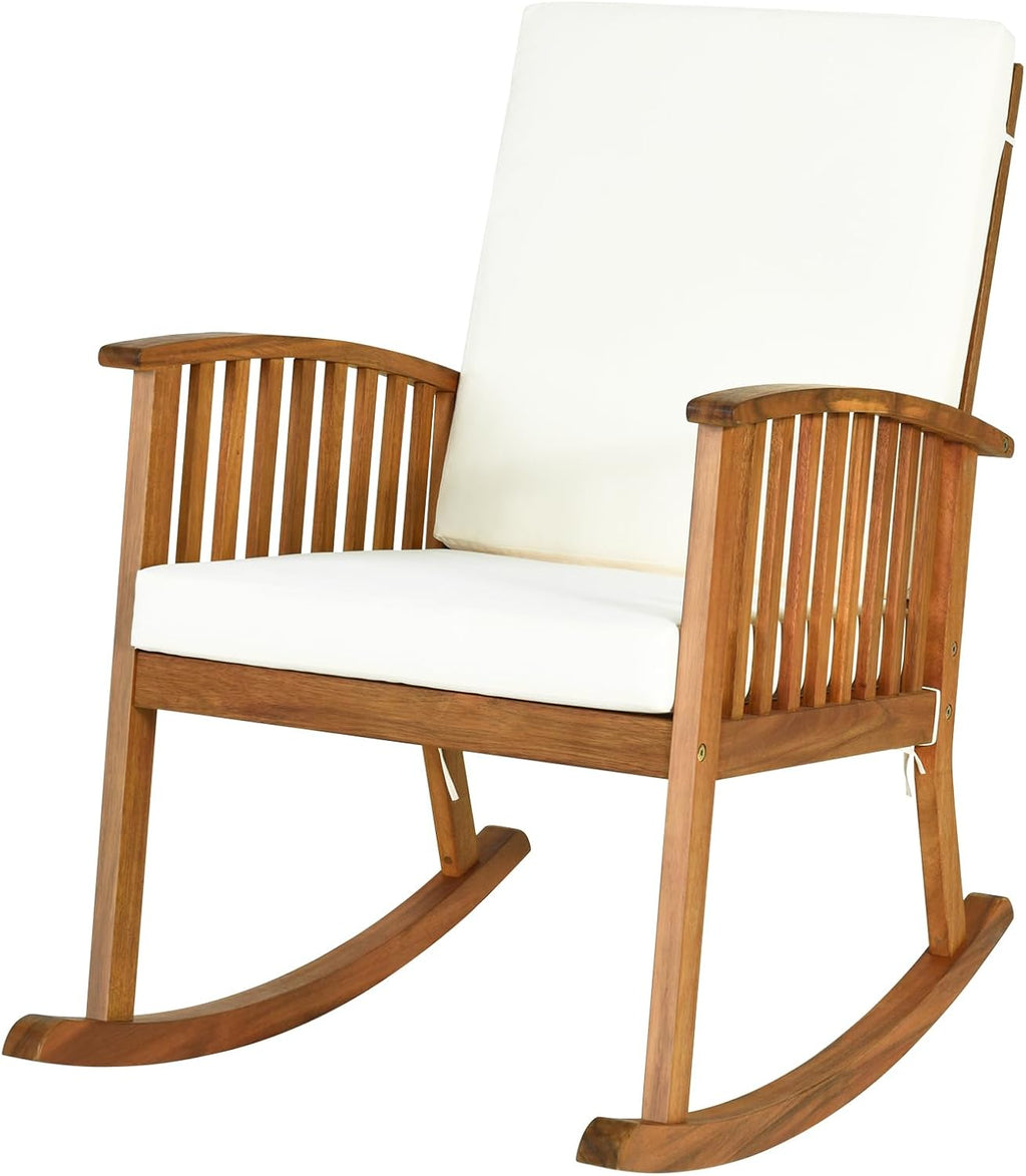 Rocking Chair Outdoor, Acacia Wooden Rocker Chair with Seat and Back Cushion, Armrests, Comfortable Porch Rocking Chair with 355Lbs Support for Lawn, Patio, Backyard, Garden, Deck, Indoor