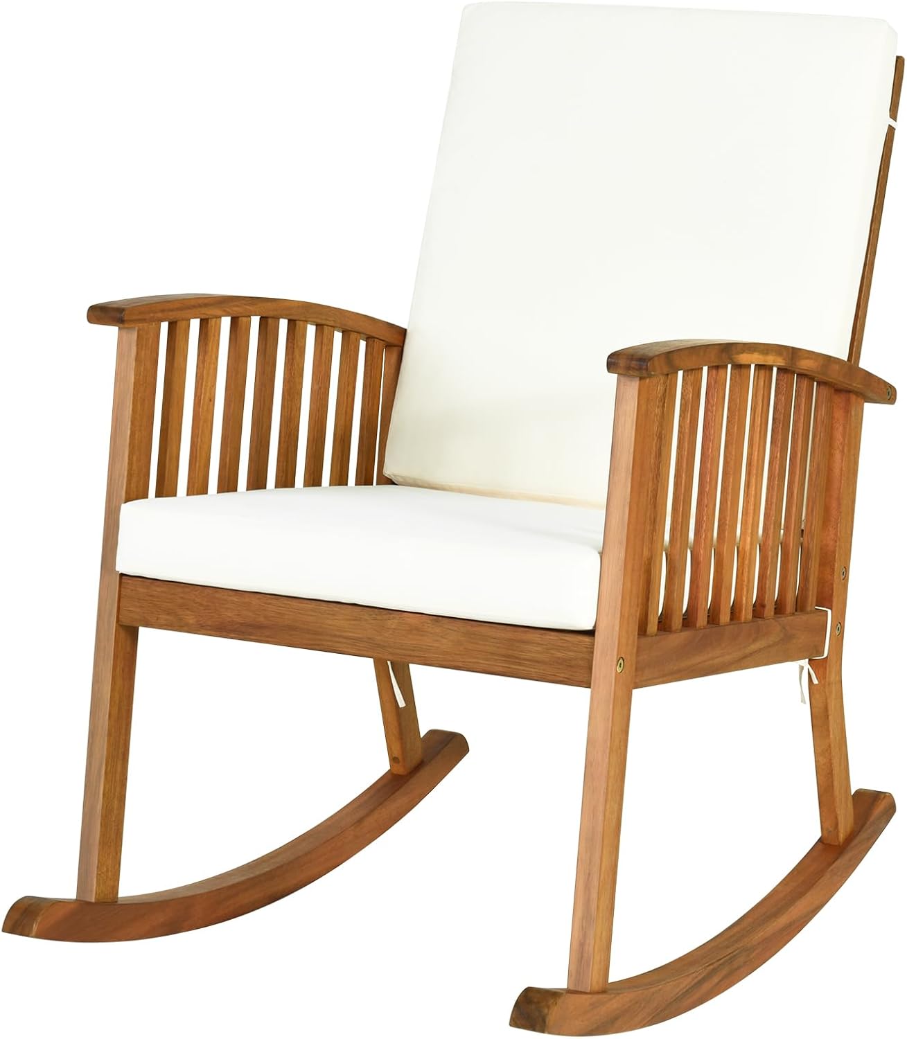 Rocking Chair Outdoor, Acacia Wooden Rocker Chair with Seat and Back Cushion, Armrests, Comfortable Porch Rocking Chair with 355Lbs Support for Lawn, Patio, Backyard, Garden, Deck, Indoor