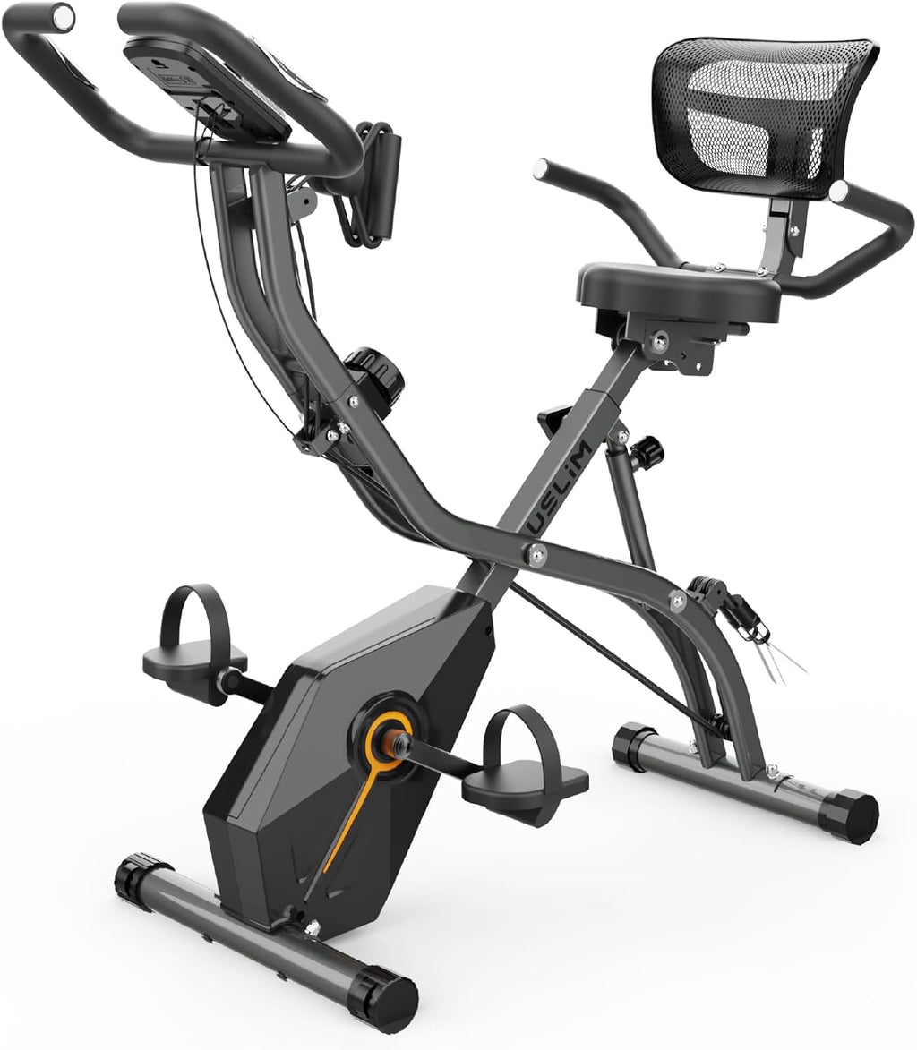 USLIM Foldable Exercise Bike Stationary Bikes for Home, 5 IN 1 Indoor Workout Bike, Cycling Bike with 16-Level Quiet Magnetic Resistance, 6.6 LBS Flywheel and 300LBS Capacity for Senior and Home Workout