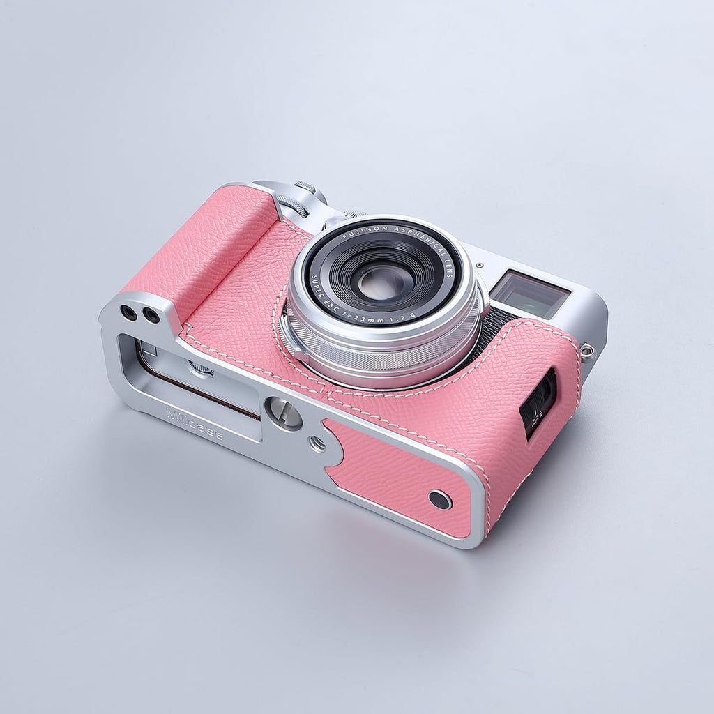 Camera Half Case for Fujifilm Fuji X100VI,Vintage Metal Genuine Leather Instant Camera Protective Cases Stylish Portable Shockproof (Pink)