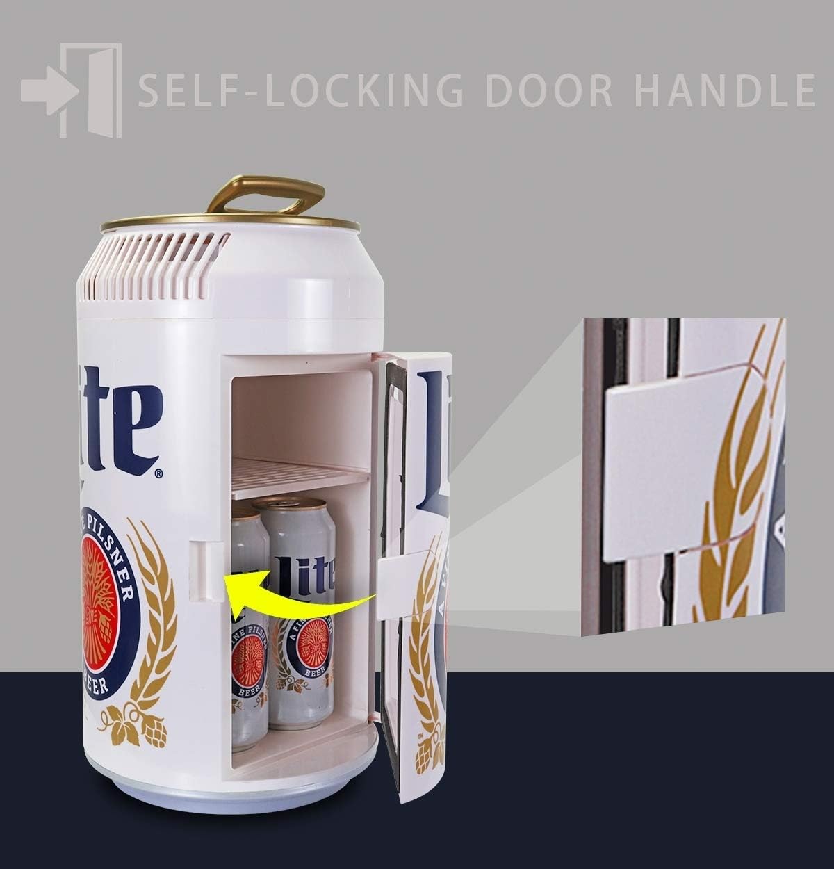 Miller Lite Mini Fridge - Refrigerator for Bedroom Office, Portable Table Top Beverage Cooler, 12V 110V Refrigerador For Drinks, Soda, Wines, Use In Car, Outdoor, Patio, 8 Can