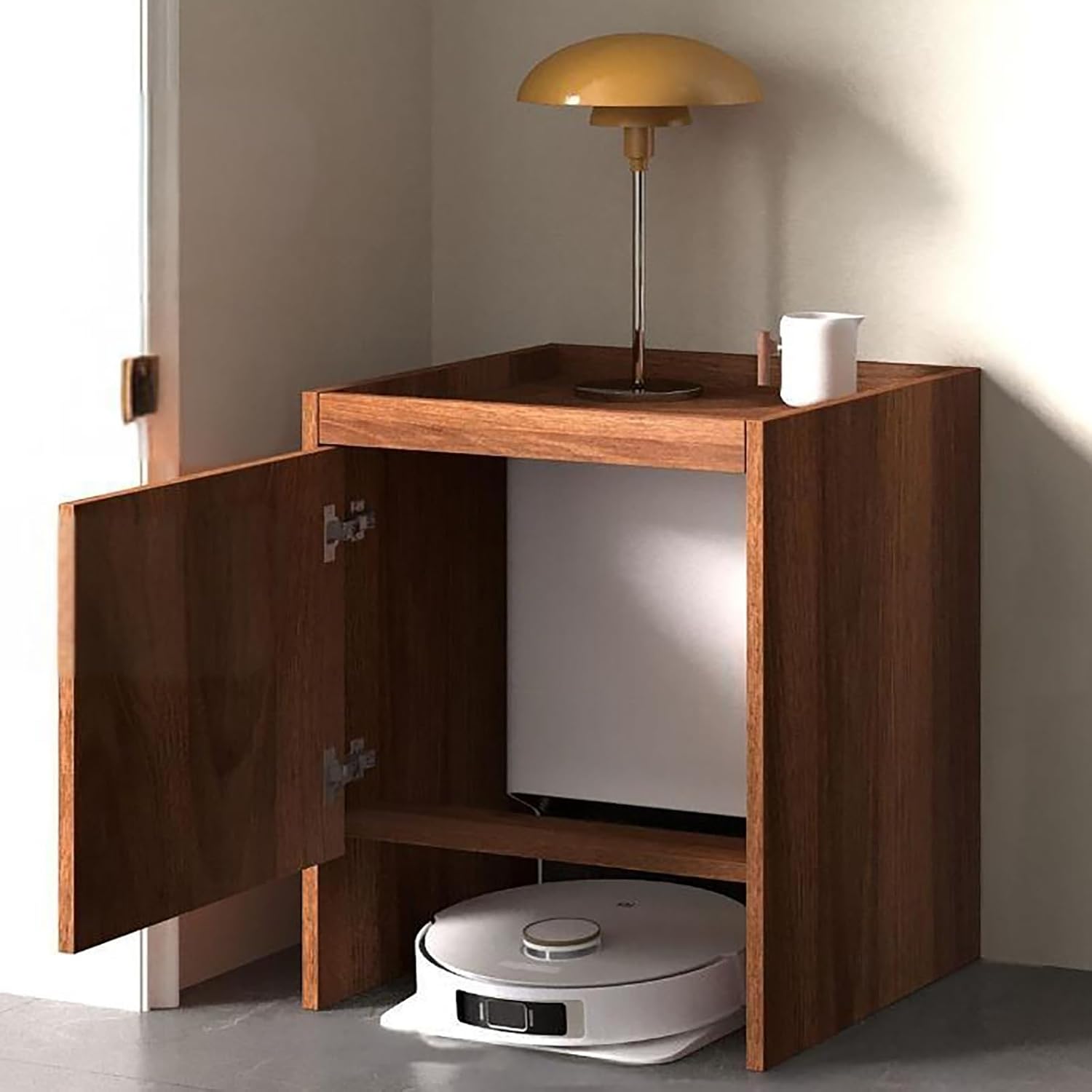 Robot Vacuum Stand Cabinet,Storage Cabinet with Doors and Drawers for Robot Vacuum Cleaner,Wood Bathroom Cabinet,Side Table for Living Room, Home Office(Dark Brown,H65cm/25.6in)