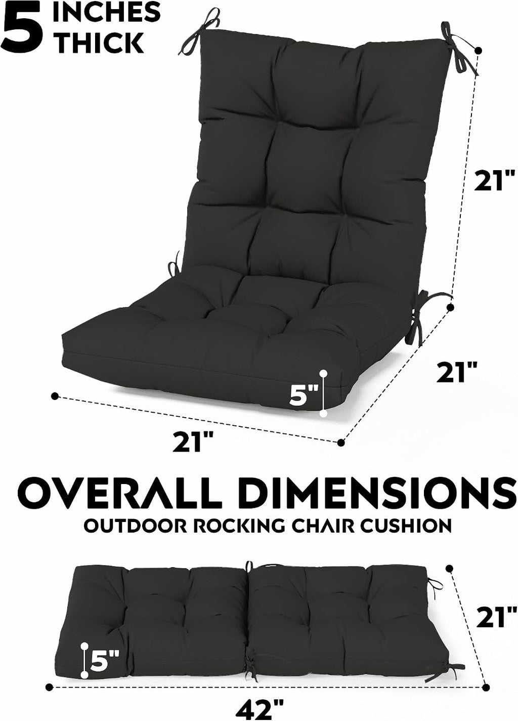 4 Sets Outdoor Patio Chair Cushions Seat High Back Tufted Pillow 42 x 21 x 5 Inches Splash Proof Fade Resistant Replacement Rocking Chair Cushions with Ties