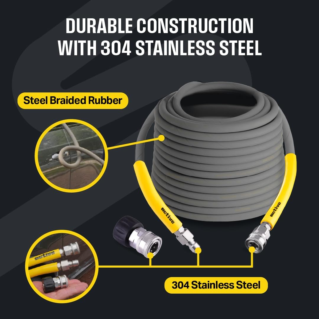 Active 75' Pressure Washer Hose Compatible with gas and electric pressure washers (M22-14mm) Kink resistant, flexible steel braided power washer hose, max operating spec of 4000 PSI & 12 GPM and 212°F