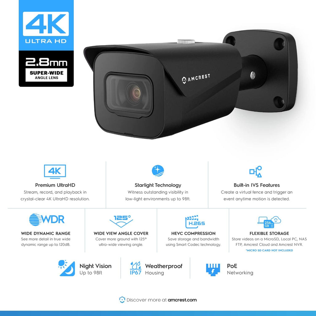 Amcrest 4K Security Camera System w/ 4K 8CH PoE NVR, (4) x 8-Megapixel IP67 Weatherproof Metal Bullet POE IP Cameras, 2.8mm Lens, Pre-Installed 2TB Hard Drive, NV4108E-IP8M-2496EB4-2TB (Black)