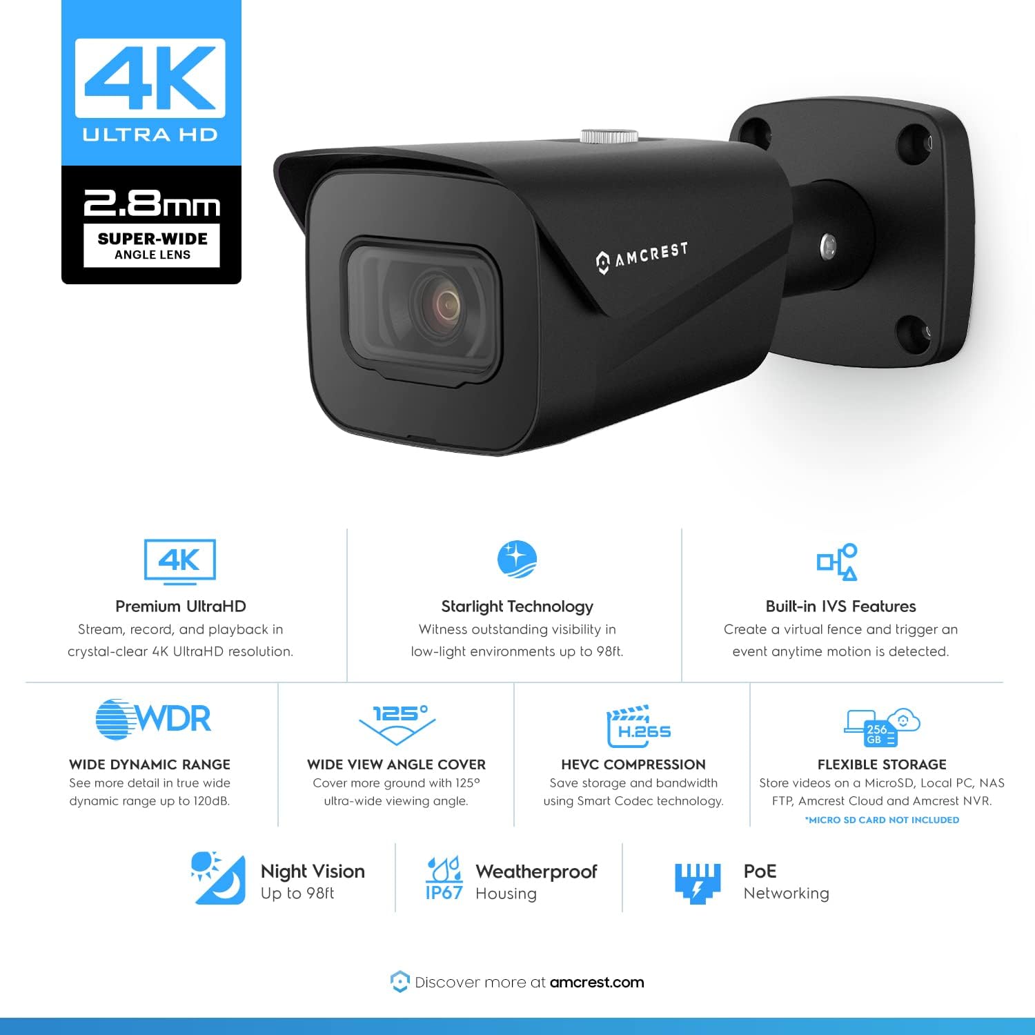 Amcrest 4K Security Camera System w/ 4K 8CH PoE NVR, (4) x 8-Megapixel IP67 Weatherproof Metal Bullet POE IP Cameras, 2.8mm Lens, Pre-Installed 2TB Hard Drive, NV4108E-IP8M-2496EB4-2TB (Black)