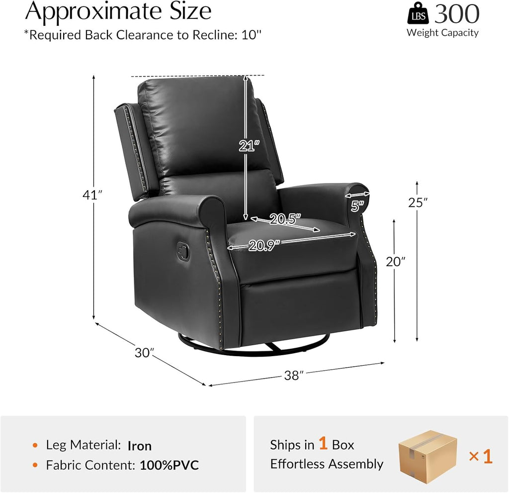 HULALA HOME Faux Leather Swivel Rocker Recliner with Adjustable Backrest and Footrest, Push Back Recliner Chair with Nailhead Trim, 360° Swivel Glider Rocking Chair for Living Room Bedroom, Black
