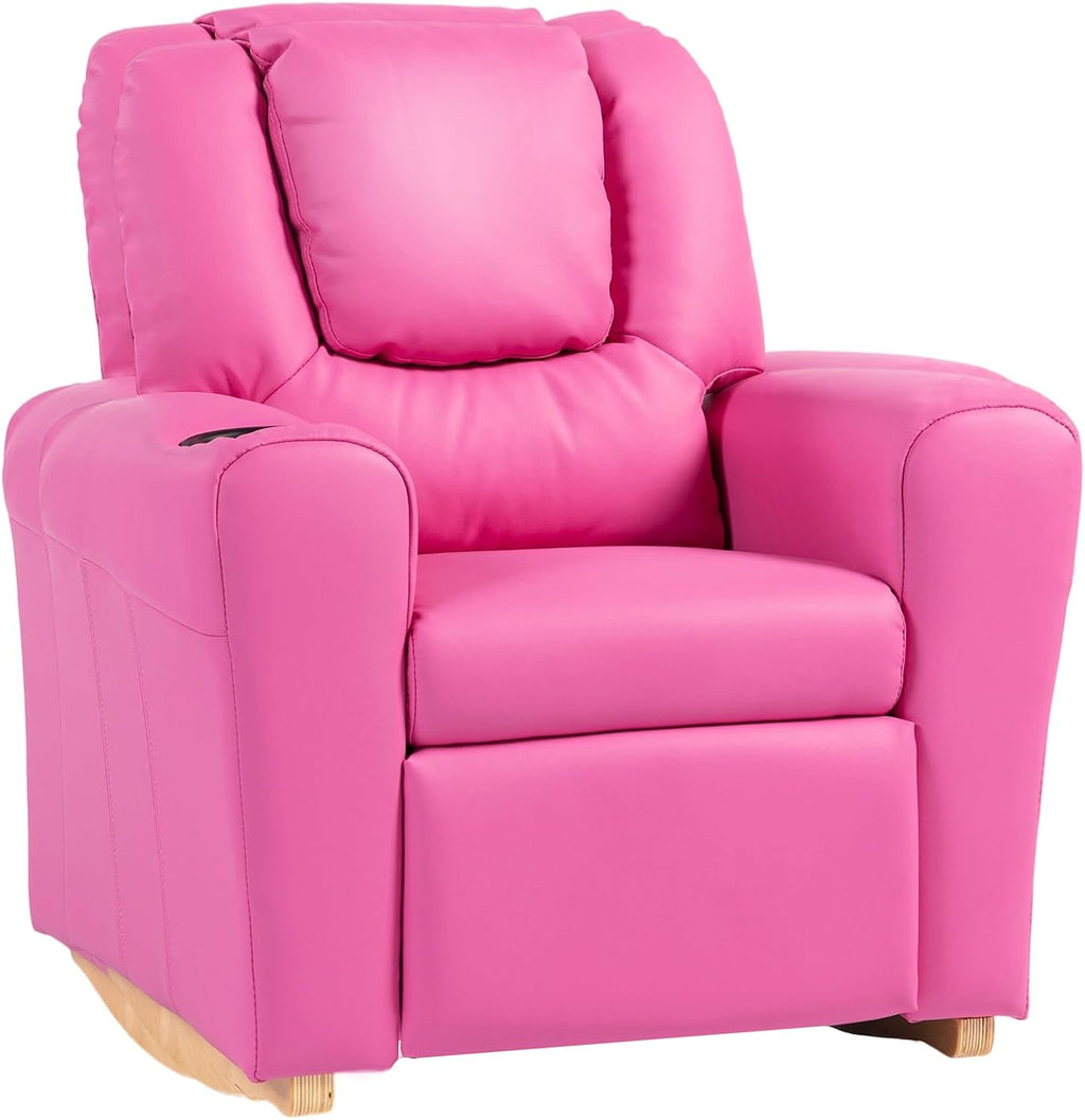 AVAWING Kids Recliner Chair with Cup Holder, Leather Toddler Recliner with Adjustable Backrest, Curved Rocking Legs and Comfy Armrests for Bedroom or Nursery, Pink