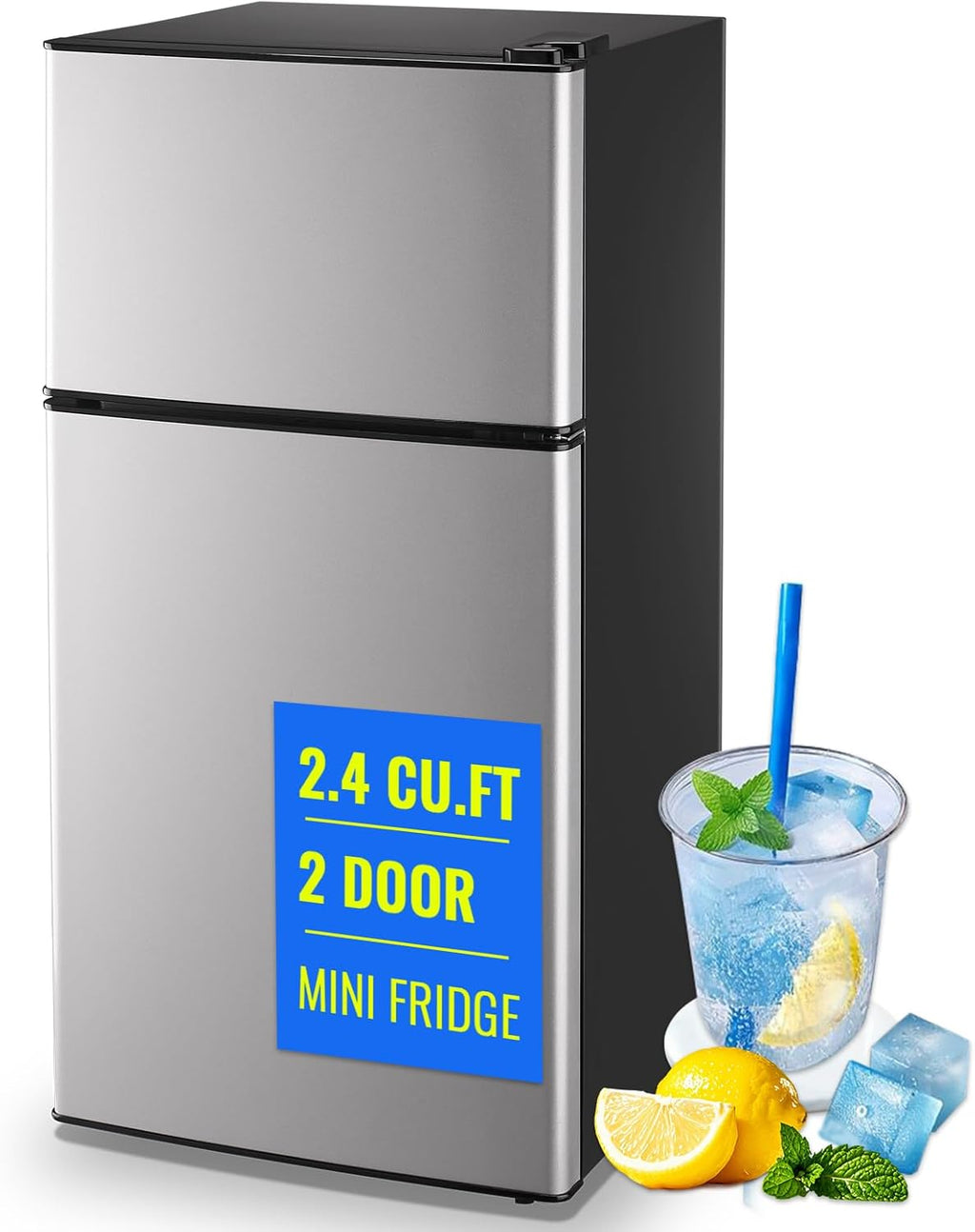 Small Fridge with Freezer Small Refrigerator 2.4 Cu.ft Fridge Dual Door Apartment Size for Personal Senven Temp Gear Silver
